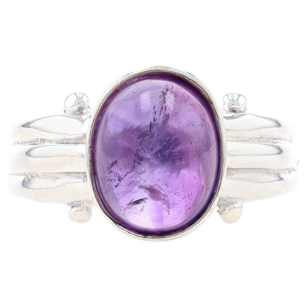 Sterling Silver Amethyst Solitaire Ring - 925 Oval Cabochon 2.40ct Size 6 3/4