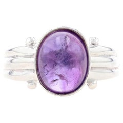 Sterling Silver Amethyst Solitaire Ring - 925 Oval Cabochon 2.40ct Size 6 3/4