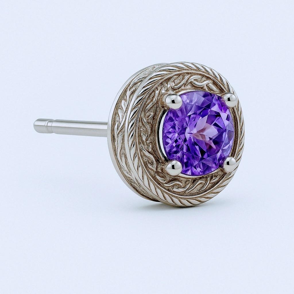 Round Cut Sterling Silver Amethyst Stud Earrings with Beaded Halo For Sale