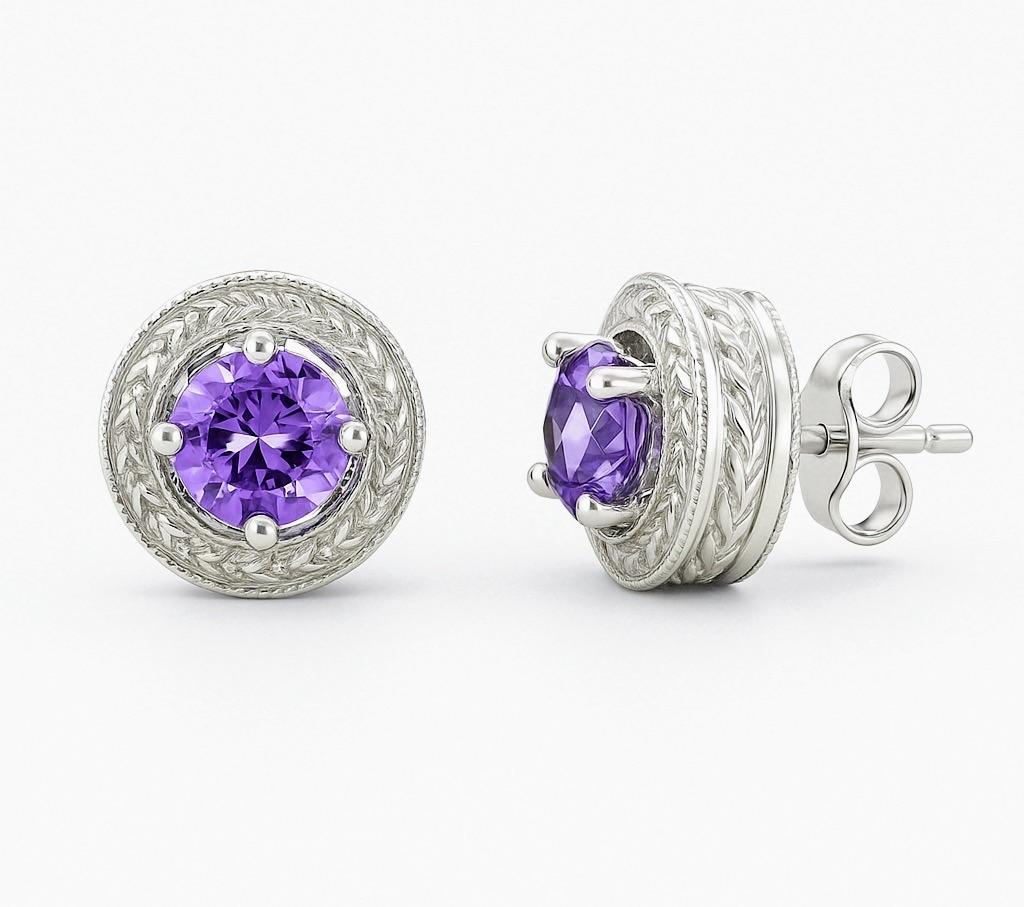 Sterling Silver Amethyst Stud Earrings with Beaded Halo