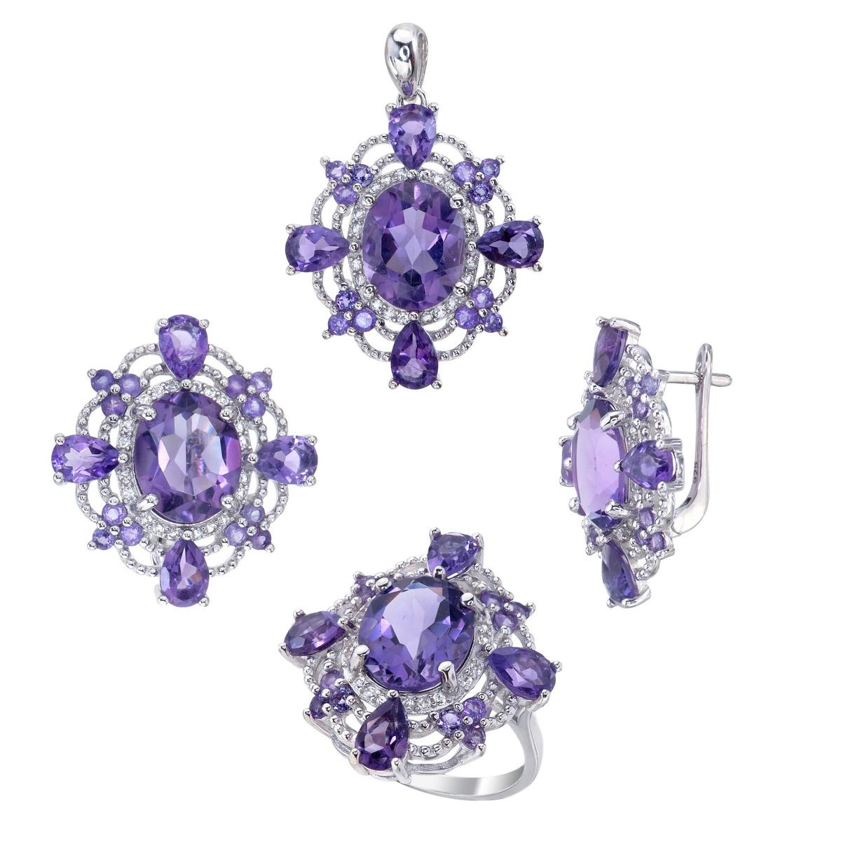 This sterling silver set with purple amethyst and white topazes is a timeless treasure,
Whether worn as a complete set or cherished as individual pieces, each element showcases the perfect blend of luxury and grace, making it an exquisite addition