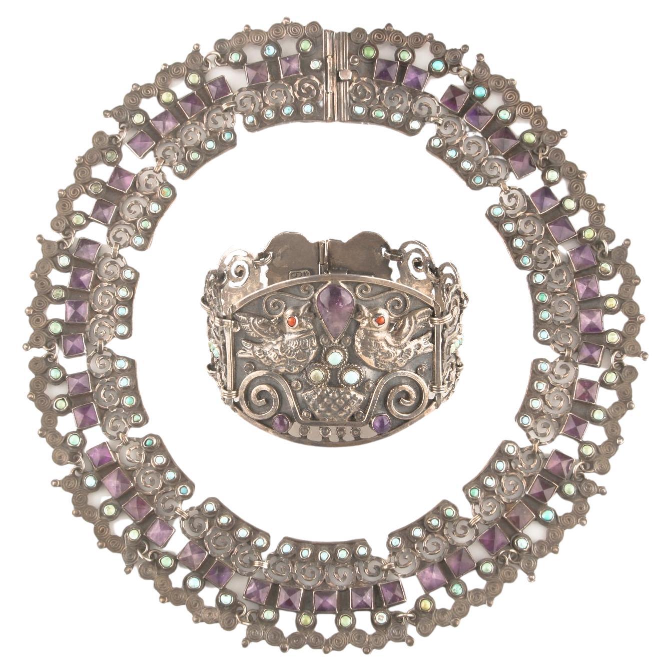 Set aus Halskette und Armband aus Sterlingsilber mit Amethyst und Türkis, Mexiko MR-39