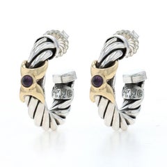 Sterling Silver Amethyst X Rope Half-Hoop Earrings 925 Gold 18k Cabochon Pierced