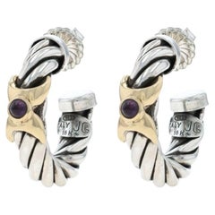 Sterling Silver Amethyst X Rope Half-Hoop Earrings 925 Gold 18k Cabochon Pierced