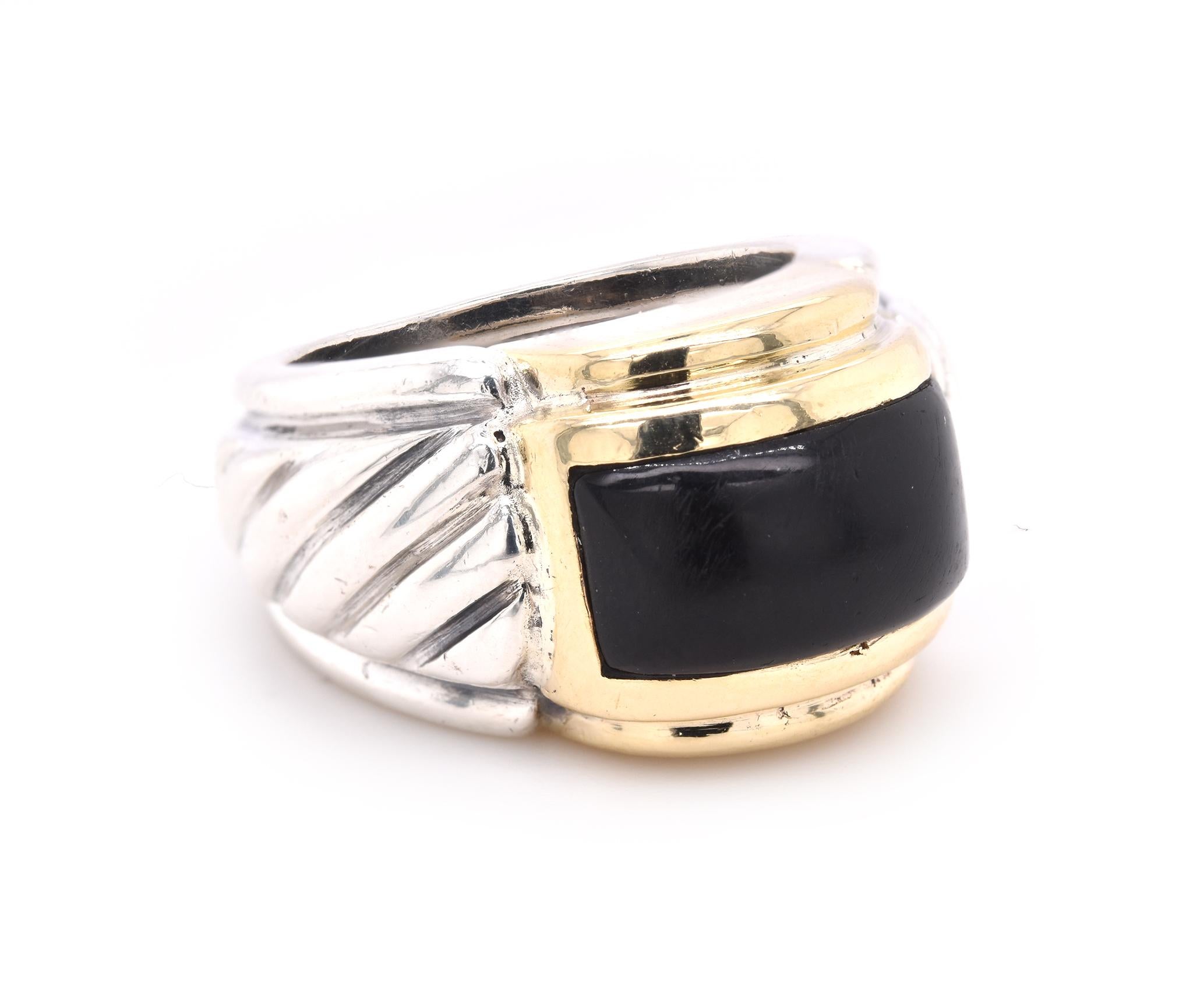 Square Cut Sterling Silver and 14 Karat Yellow Gold Black Onyx Cable Ring