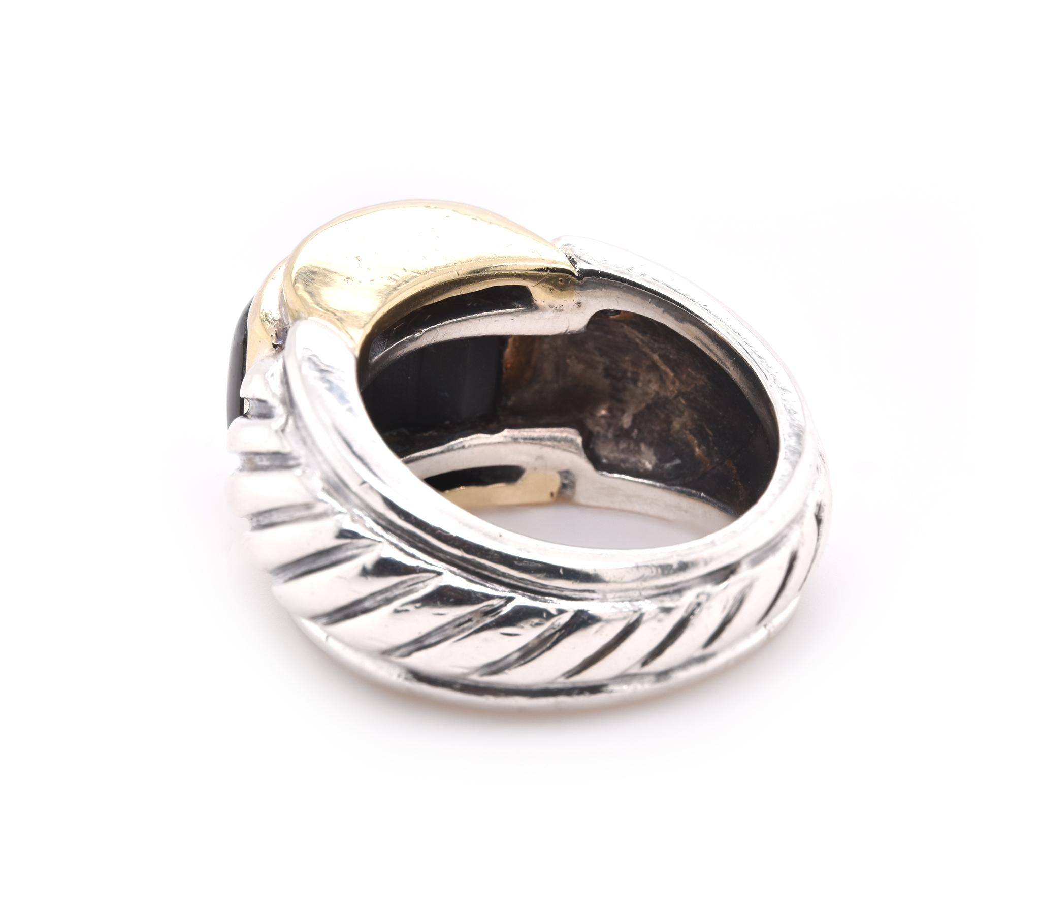 Sterling Silver and 14 Karat Yellow Gold Black Onyx Cable Ring In Excellent Condition In Scottsdale, AZ