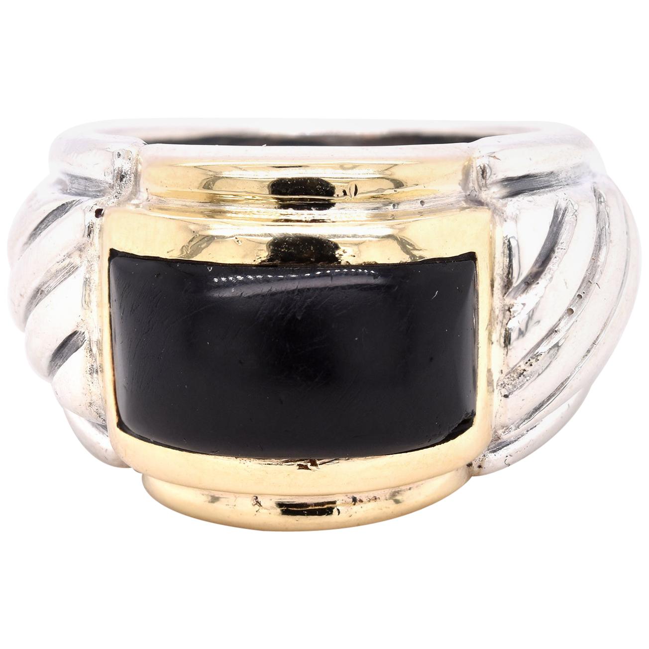 Sterling Silver and 14 Karat Yellow Gold Black Onyx Cable Ring