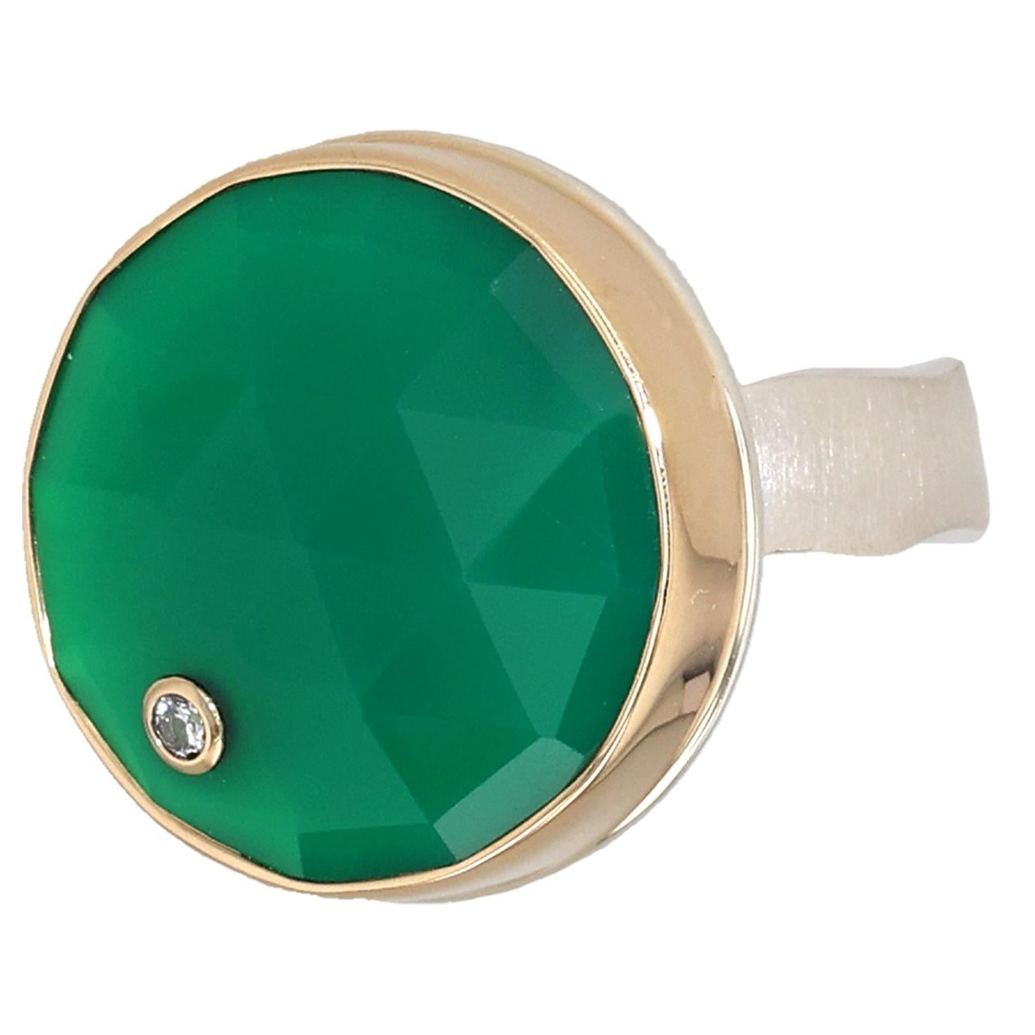 Sterling Silver and 14K Gold Ring with Green Onyx and Diamond Ring by Lika Behar In New Condition In Virginia Beach, VA