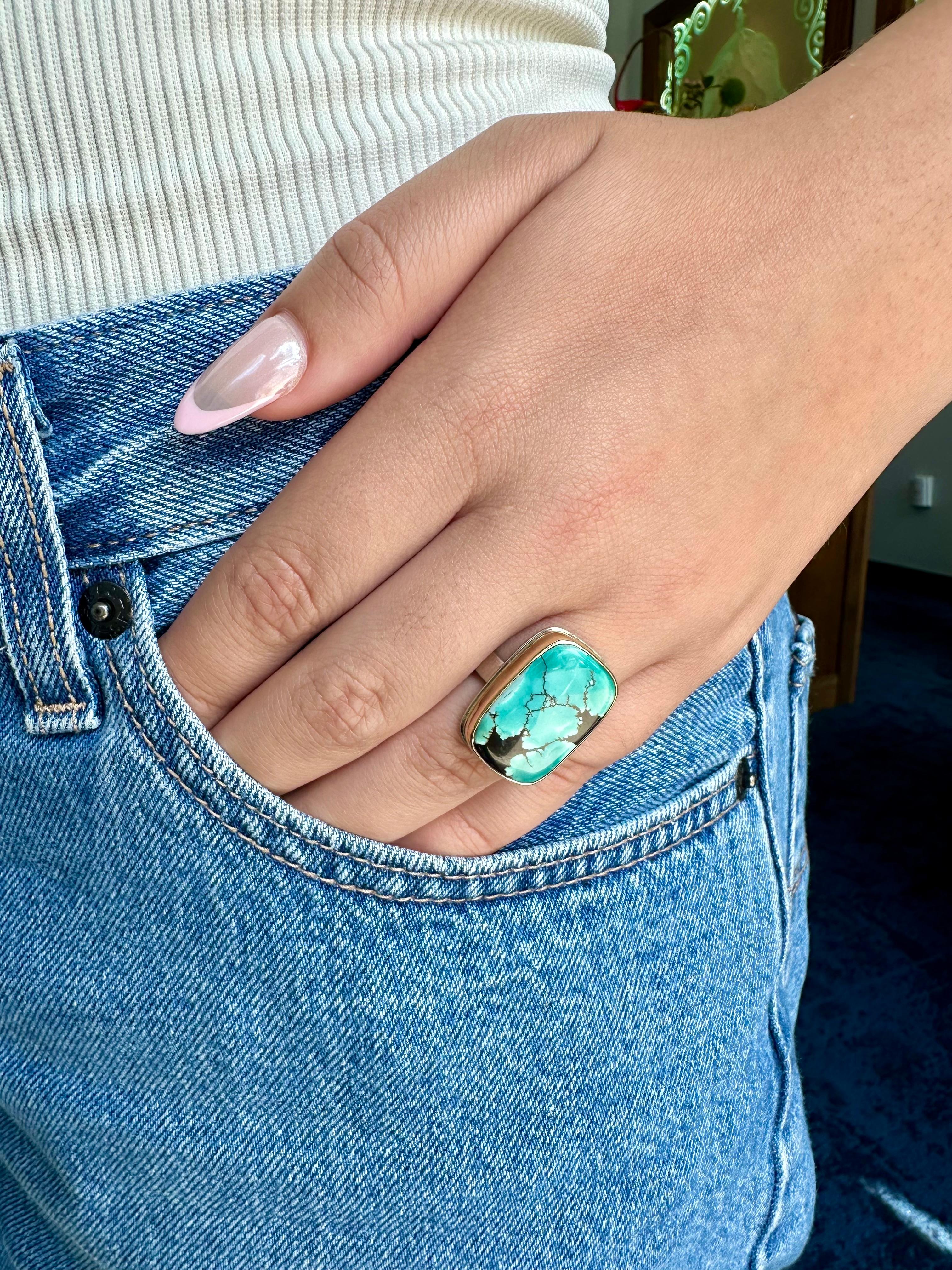 Modern Sterling Silver and 14K Gold Ring with Hubei Turquoise by Jamie Joseph