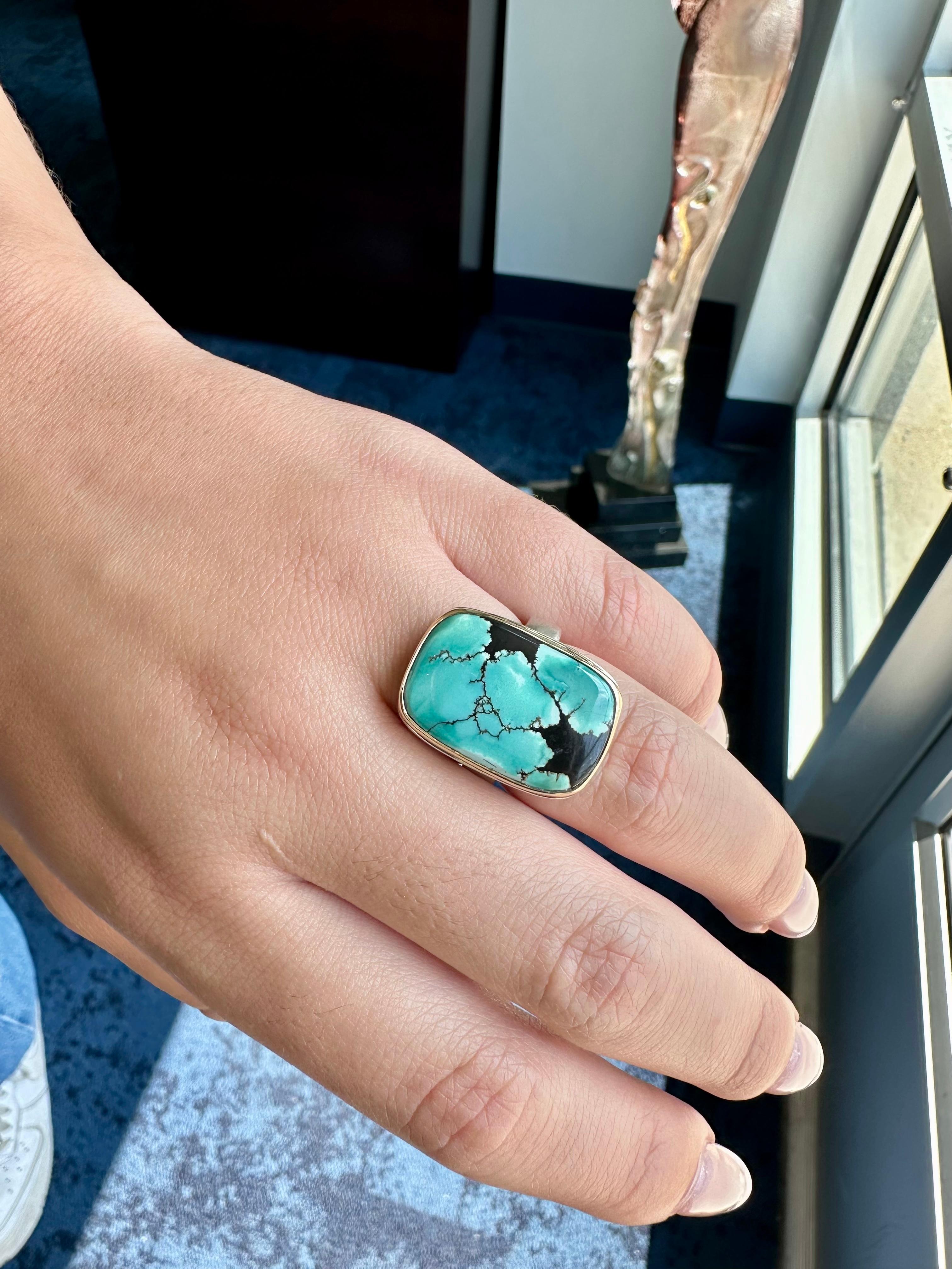 Tumbled Sterling Silver and 14K Gold Ring with Hubei Turquoise by Jamie Joseph