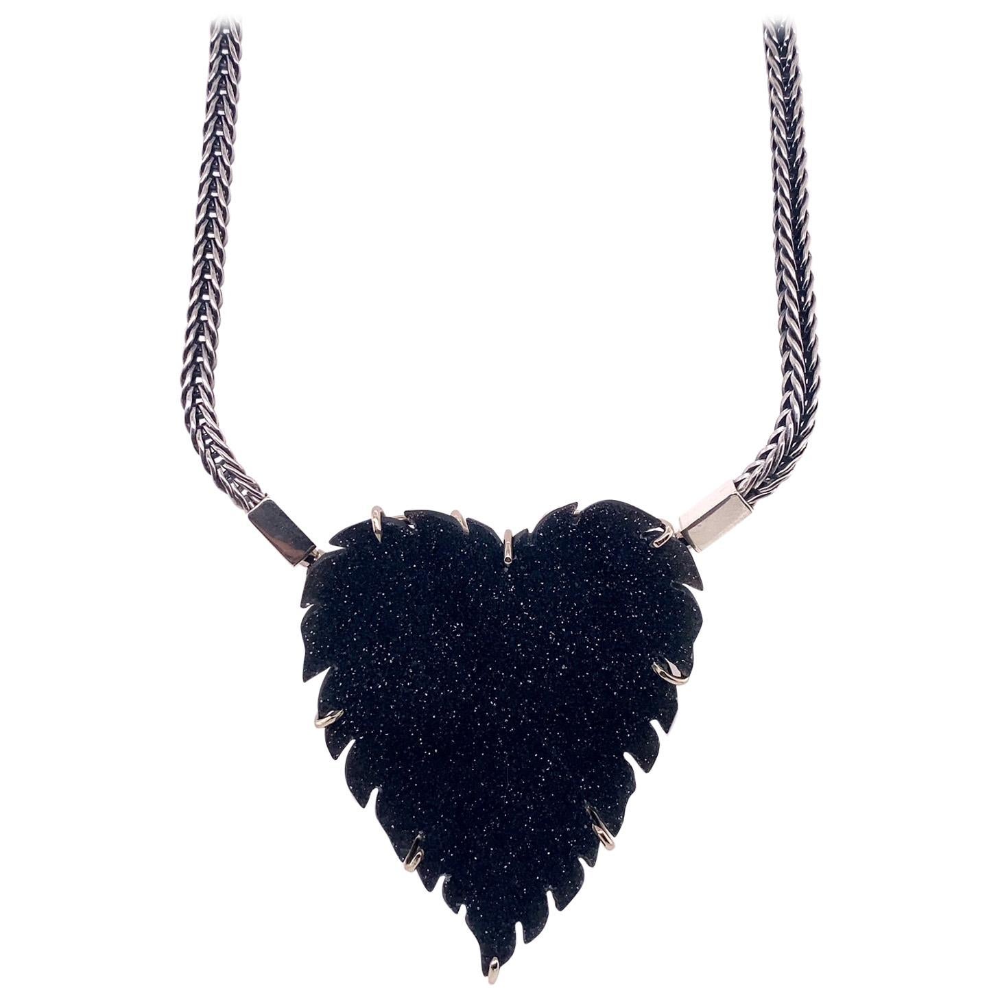 Sterling Silver and 18 Karat Gold Fox Tail Chain with Black Druzy Heart Clasp