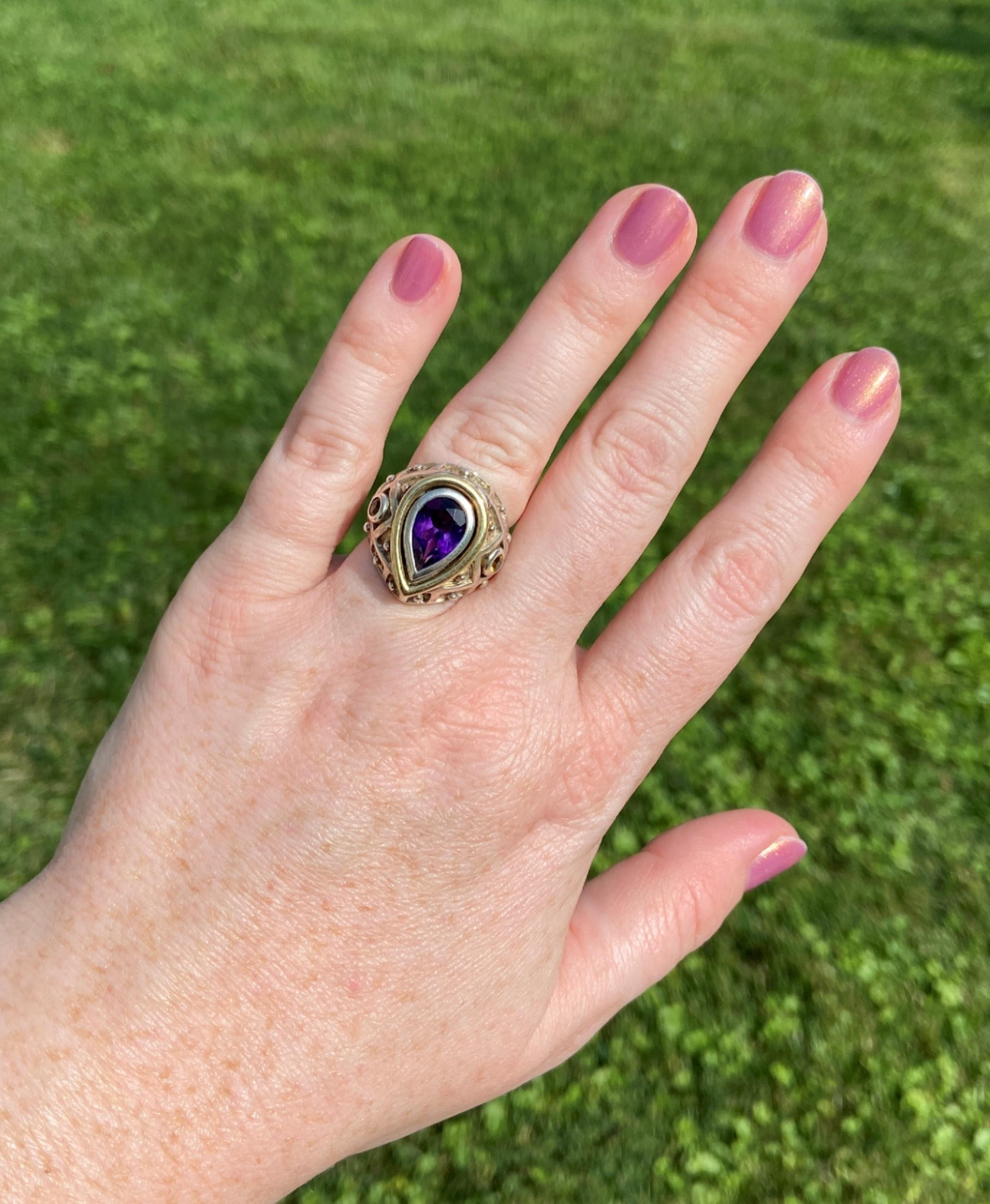 Pear Cut Sterling Silver and 18 Karat Gold Mitchell Peck Ring with 2.30 Carat Amethyst