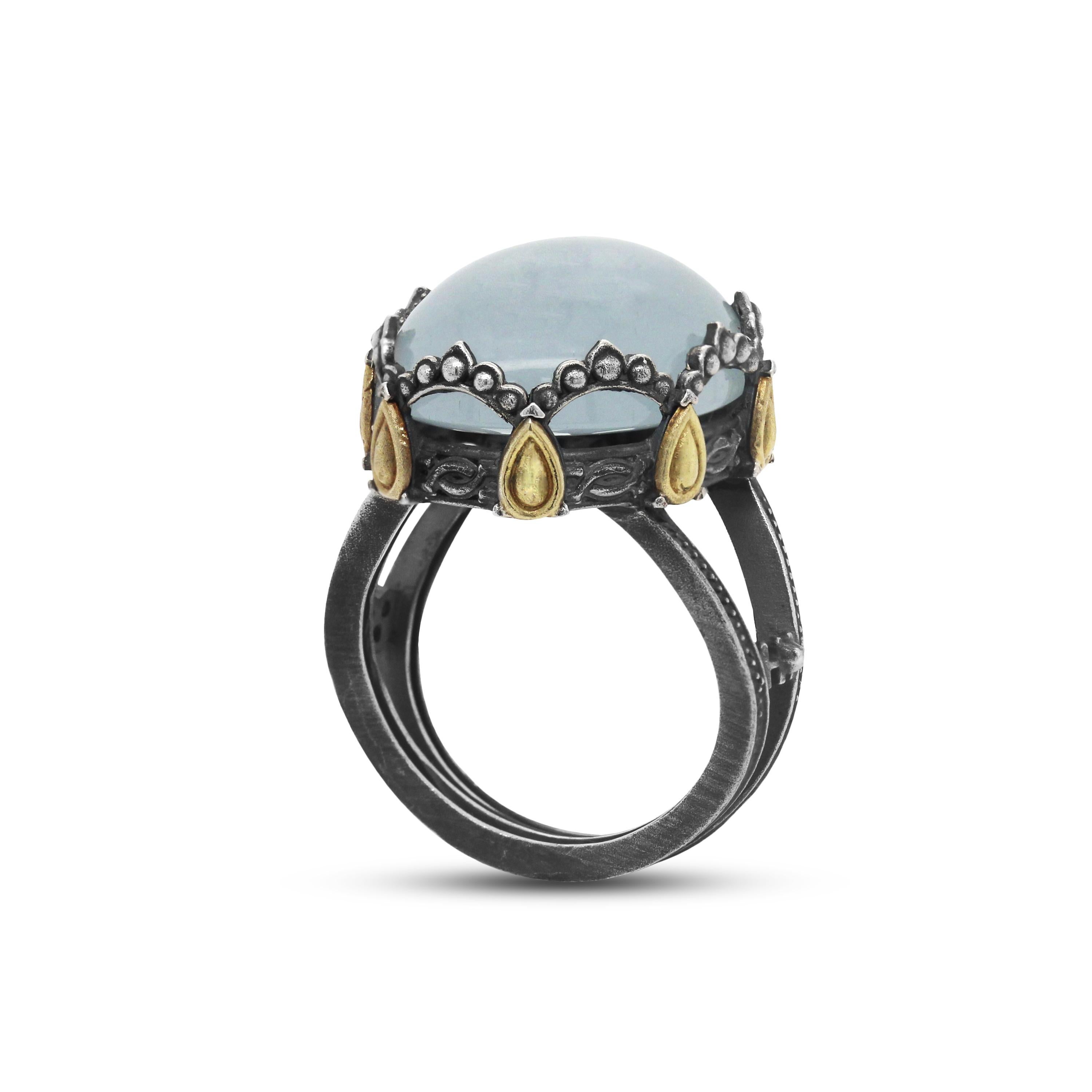 Oval Cut Sterling Silver and 18 Karat Gold Oval Dome Ring with Aquamarine Center