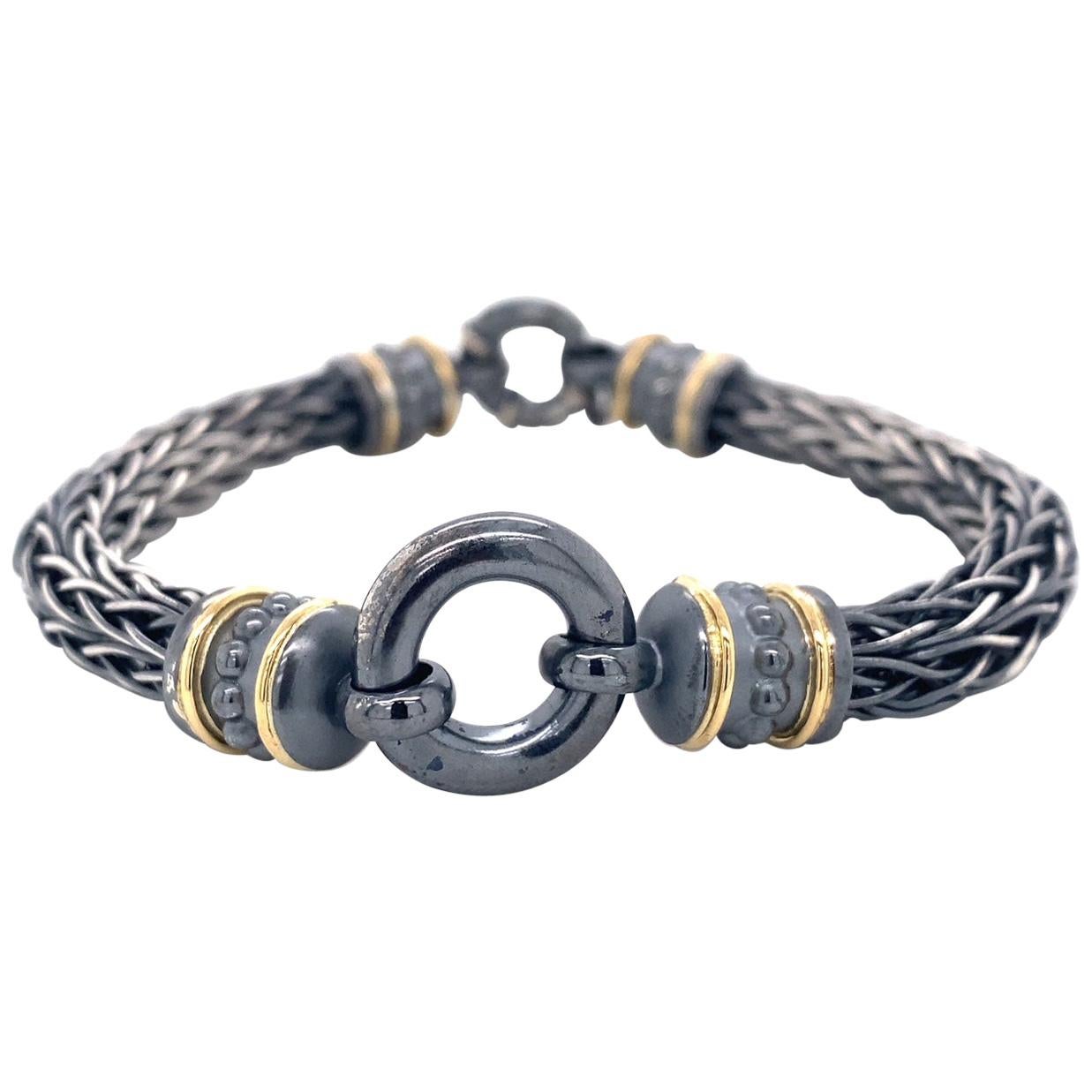 Sterling Silver and 18 Karat Yellow Gold Roman Chain Bracelet For Sale