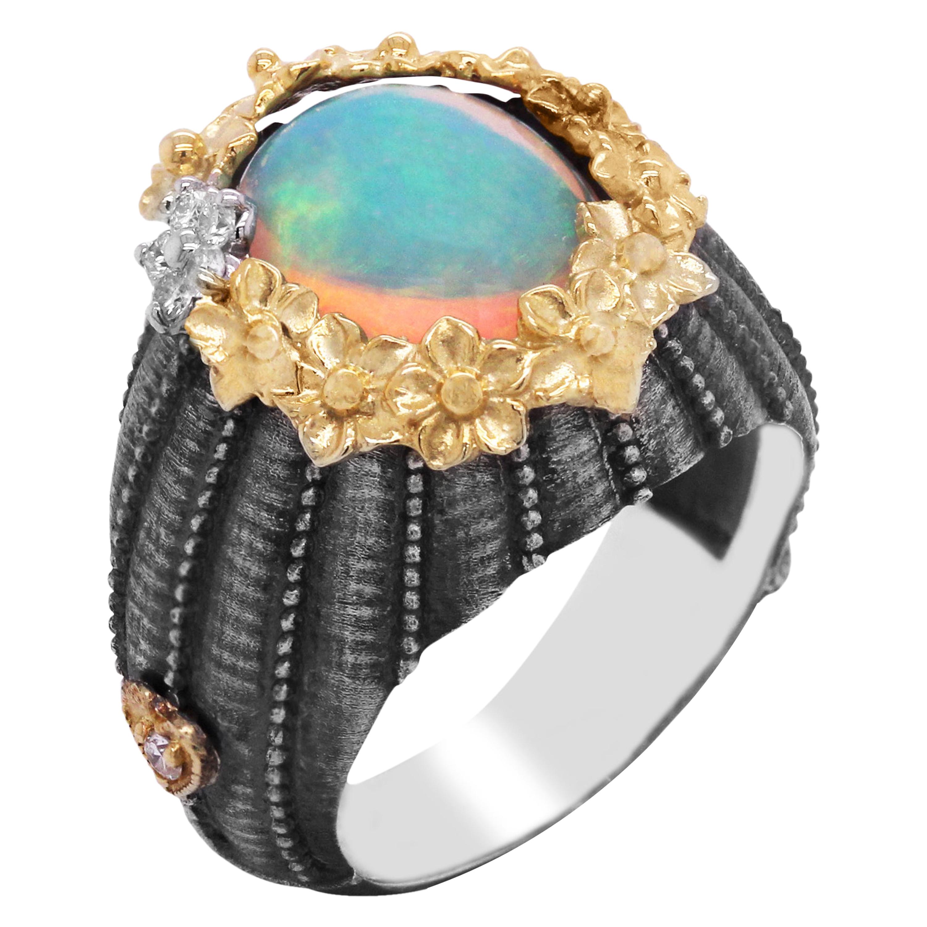 Sterling Silver and 18K Gold Floral Ring with Ethiopian Opal Center Diamonds