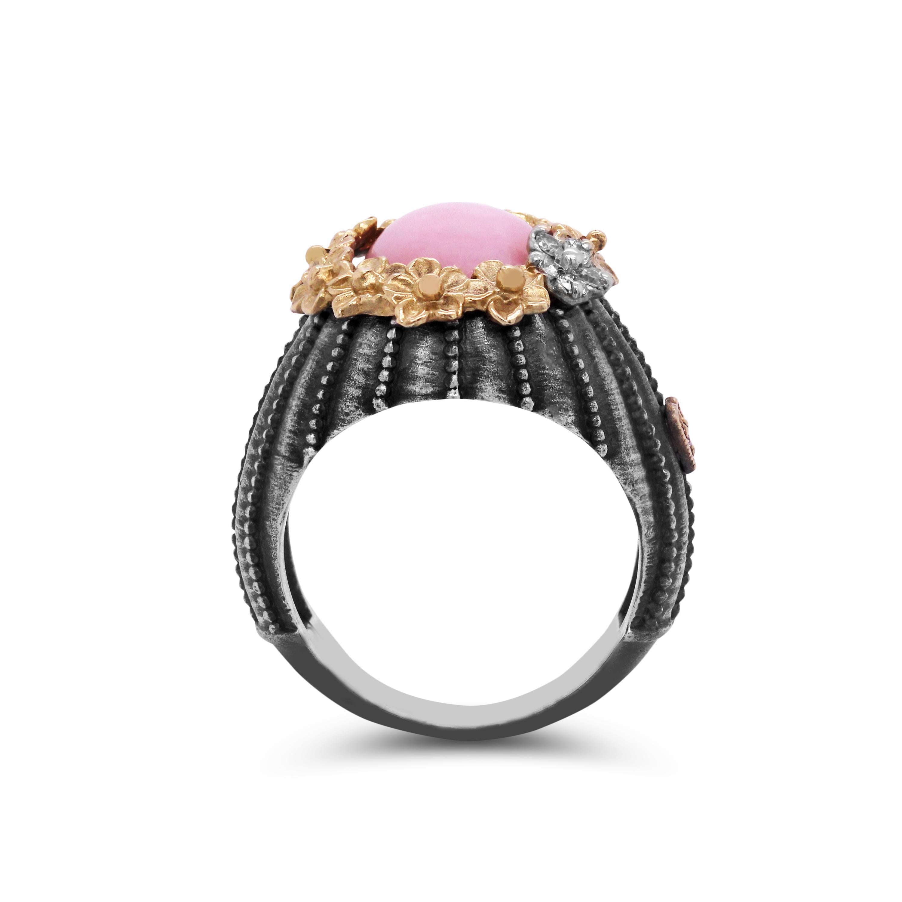 Aged Sterling Silver & 18K Gold Floral Ring with Pink Peruvian Opal center and Diamonds by Stambolian

This ring from the Stambolian 