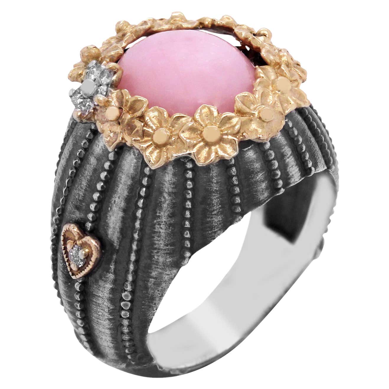 Sterling Silver and 18K Gold Floral Ring with Pink Peruvian Opal Center ...