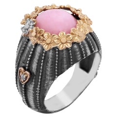 Sterling Silver and 18K Gold Floral Ring with Pink Peruvian Opal Center Diamonds