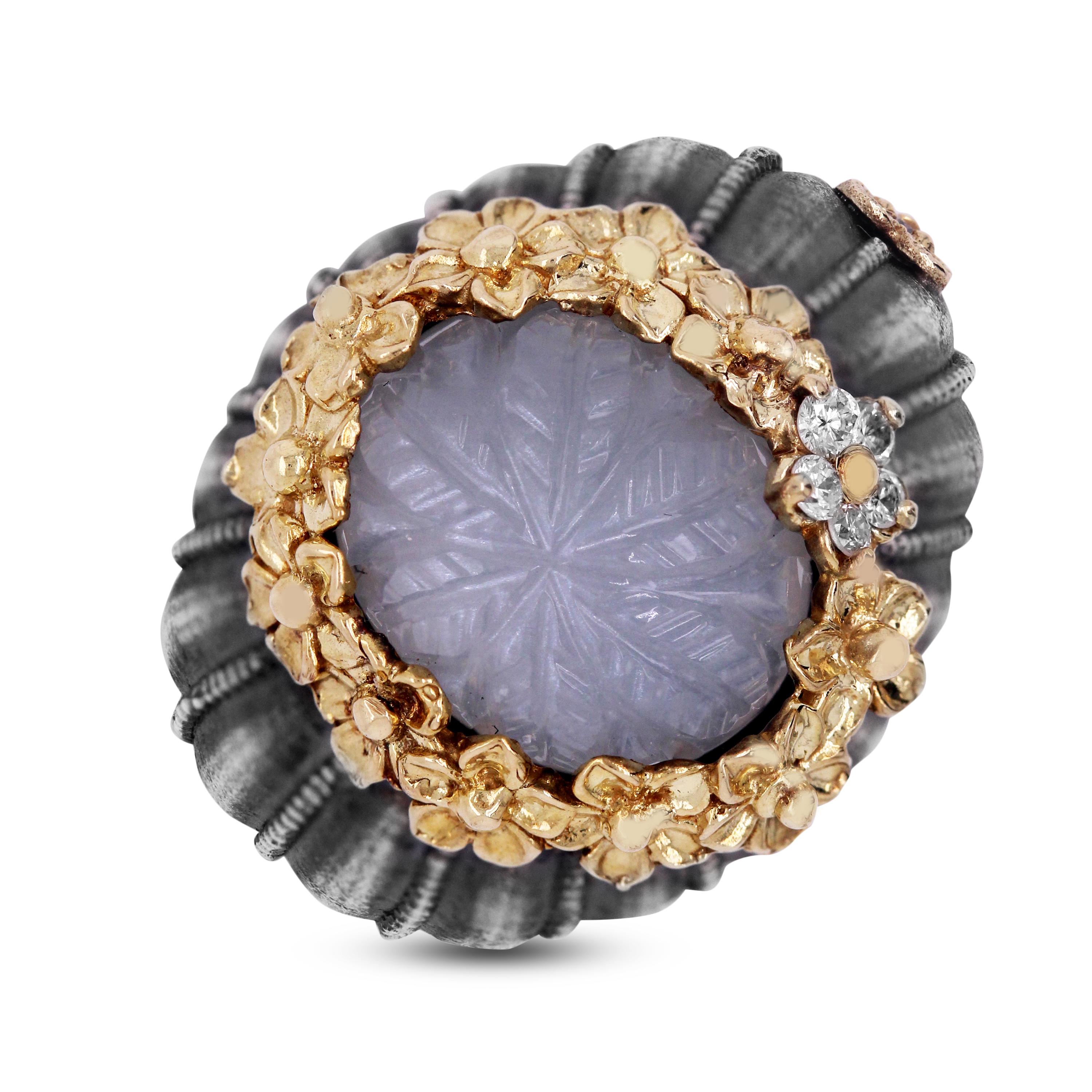 Sterling Silver and 18k Gold Ring with Carved Grey Moonstone Center Diamonds In New Condition In Boca Raton, FL