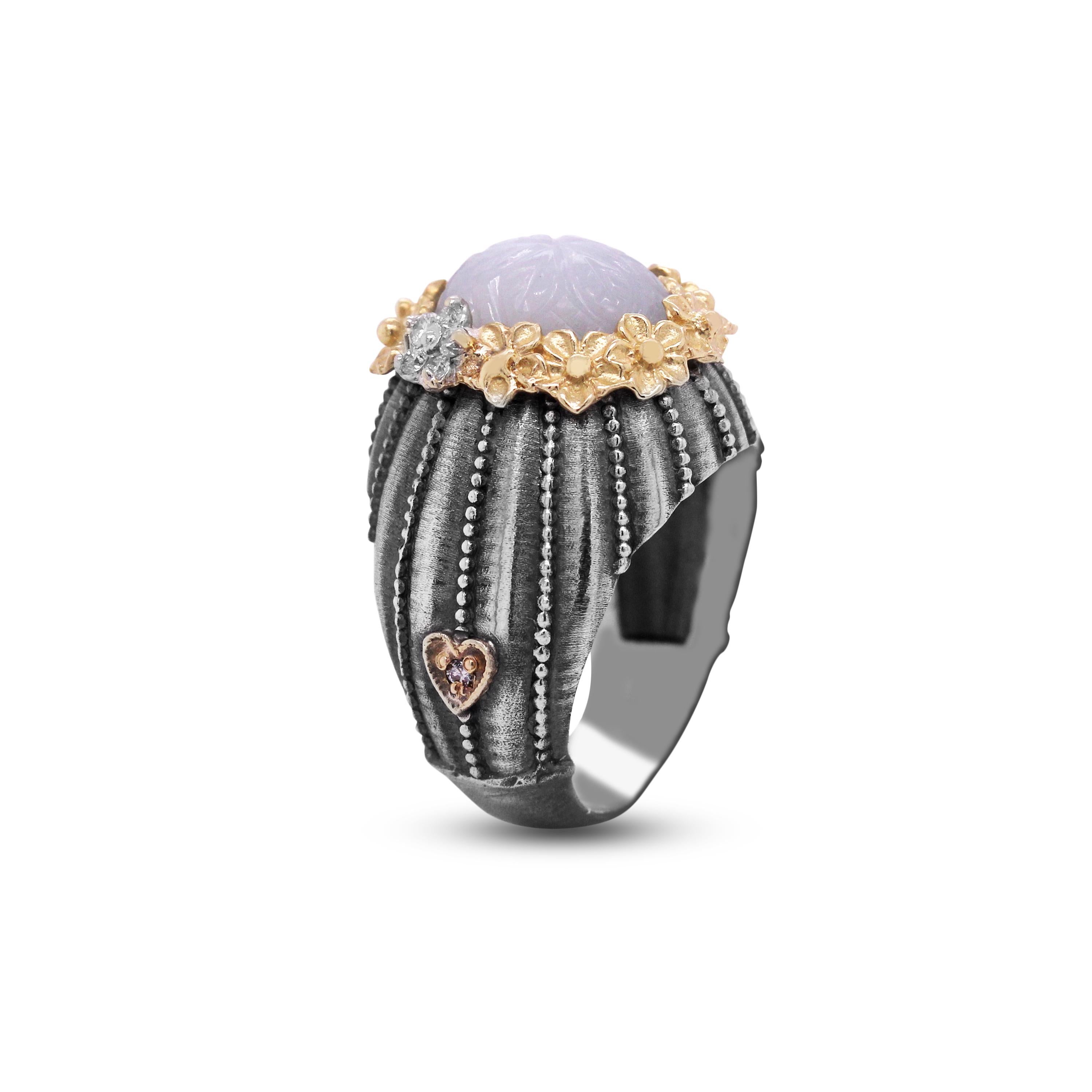 Aged Sterling Silver & 18K Gold Floral Ring with Flower Carved Grey Moonstone center and Diamonds by Stambolian

This ring from the Stambolian 