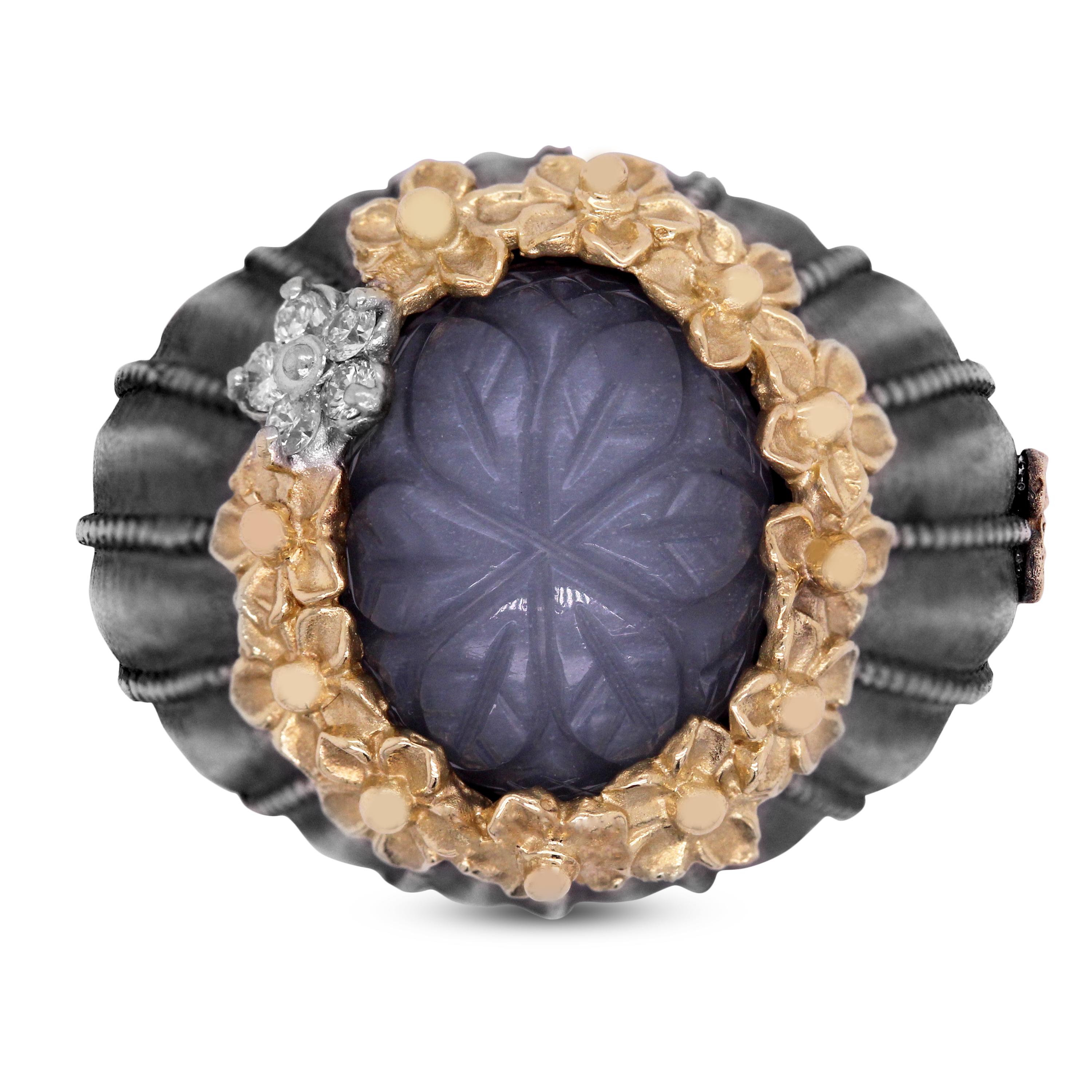 Oval Cut Sterling Silver and 18k Gold Ring with Carved Grey Moonstone Center Diamonds