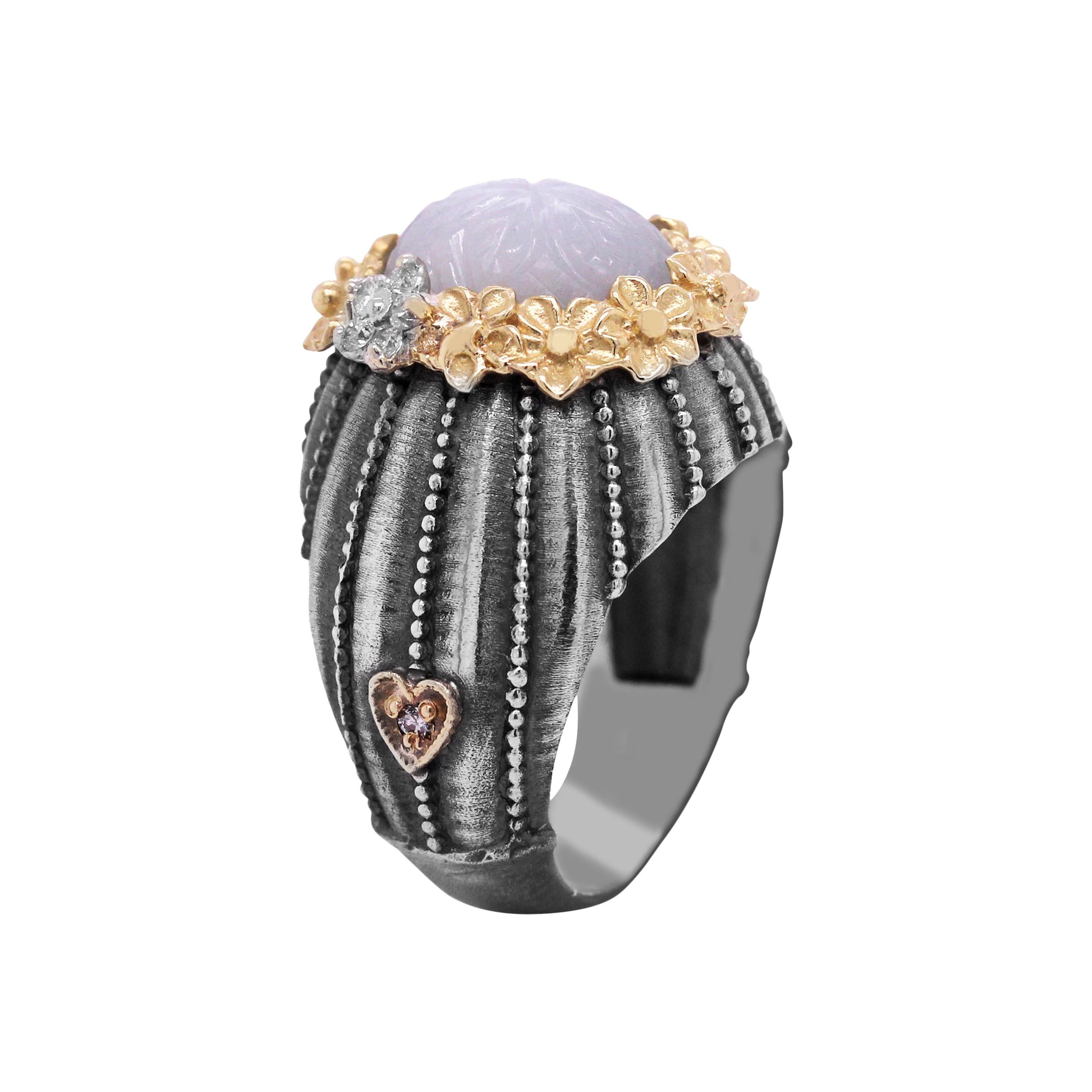 Sterling Silver and 18k Gold Ring with Carved Grey Moonstone Center Diamonds