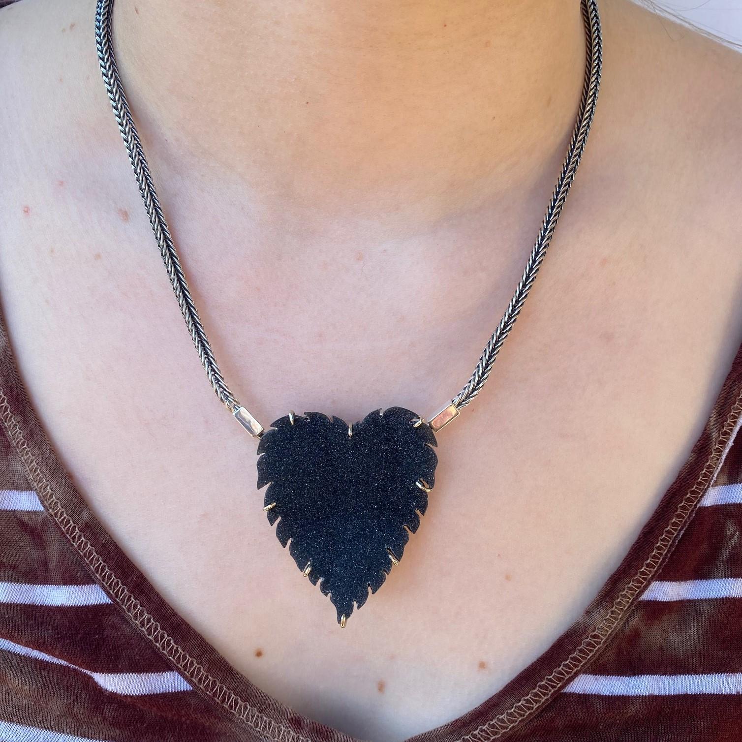 Sterling Silver and 18 Karat Gold Fox Tail Chain with Black Druzy Heart Clasp In New Condition In Greenville, SC