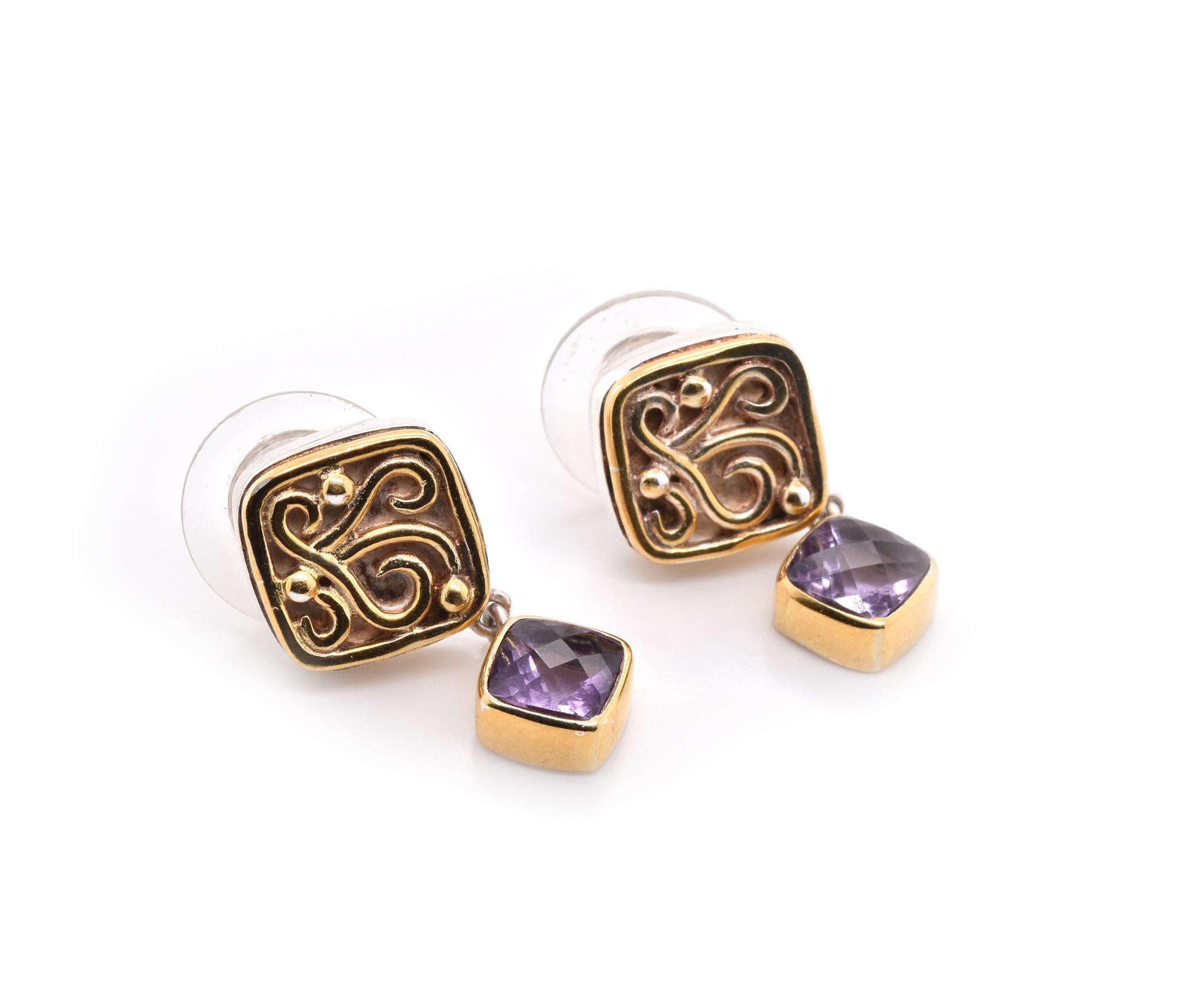Material: Sterling Silver and 18k yellow gold
Amethyst: 9 checkerboard cushion cuts
Dimensions: bracelet is approximately 7.5-inches long, earrings measure 24.60mm x 13mm
Weight: 26.5 grams
