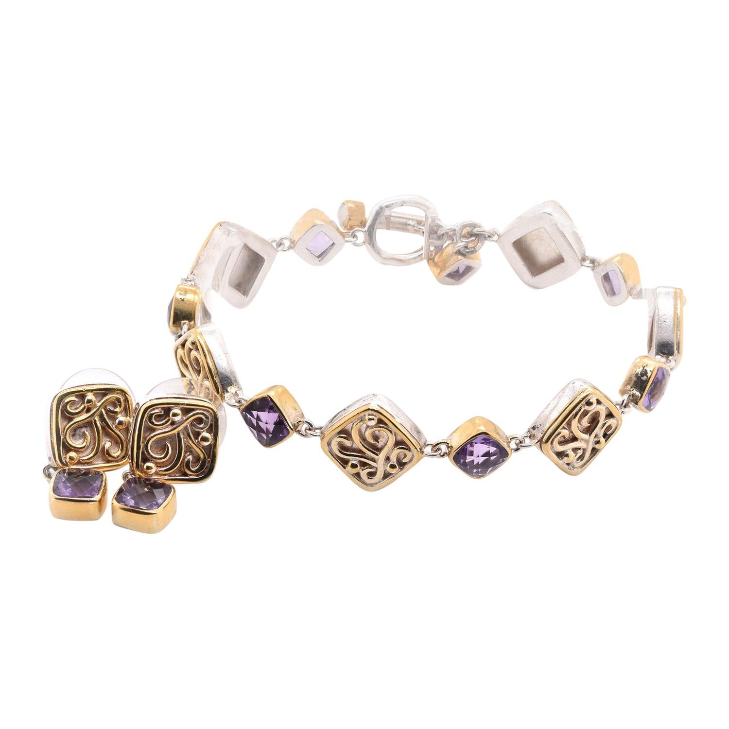 Sterling Silver and 18 Karat Yellow Gold Amethyst Bracelet and Earring Set
