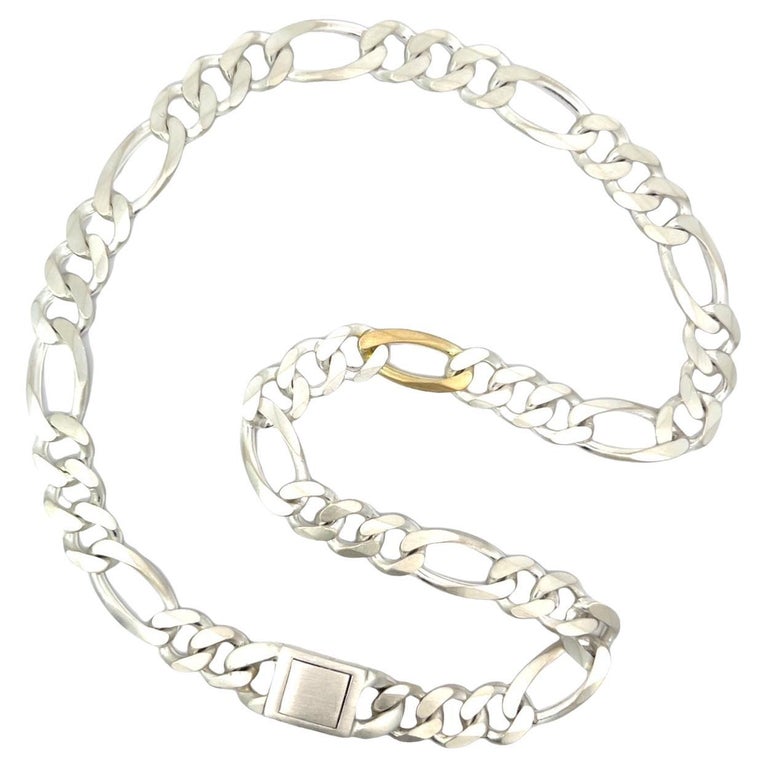 Sterling Silver and 18k Yellow Gold Figaro Chain Necklace For Sale
