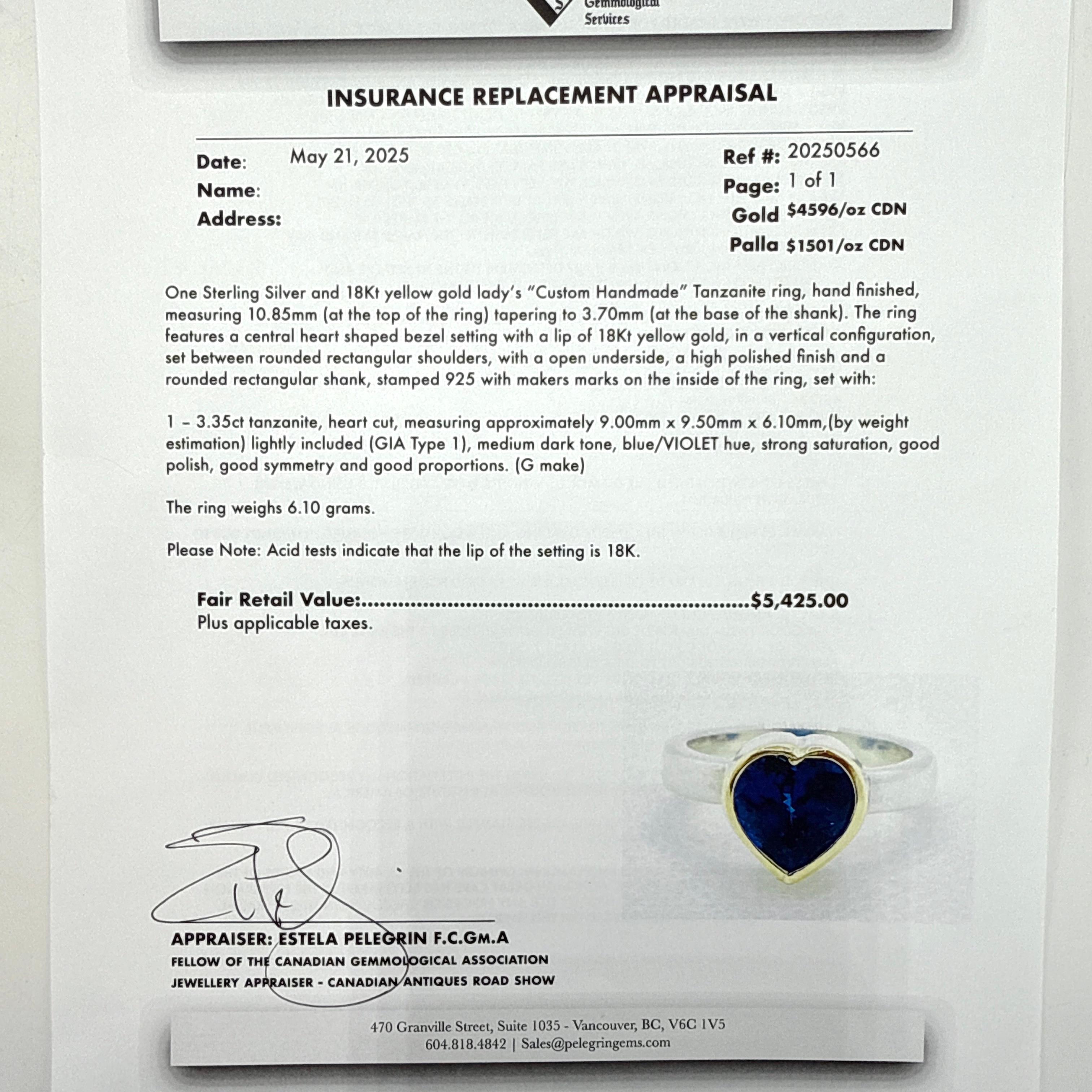 Bague en argent sterling et or jaune 18 carats Tanzanite taillée en cœur - 3,35 carats en vente 3