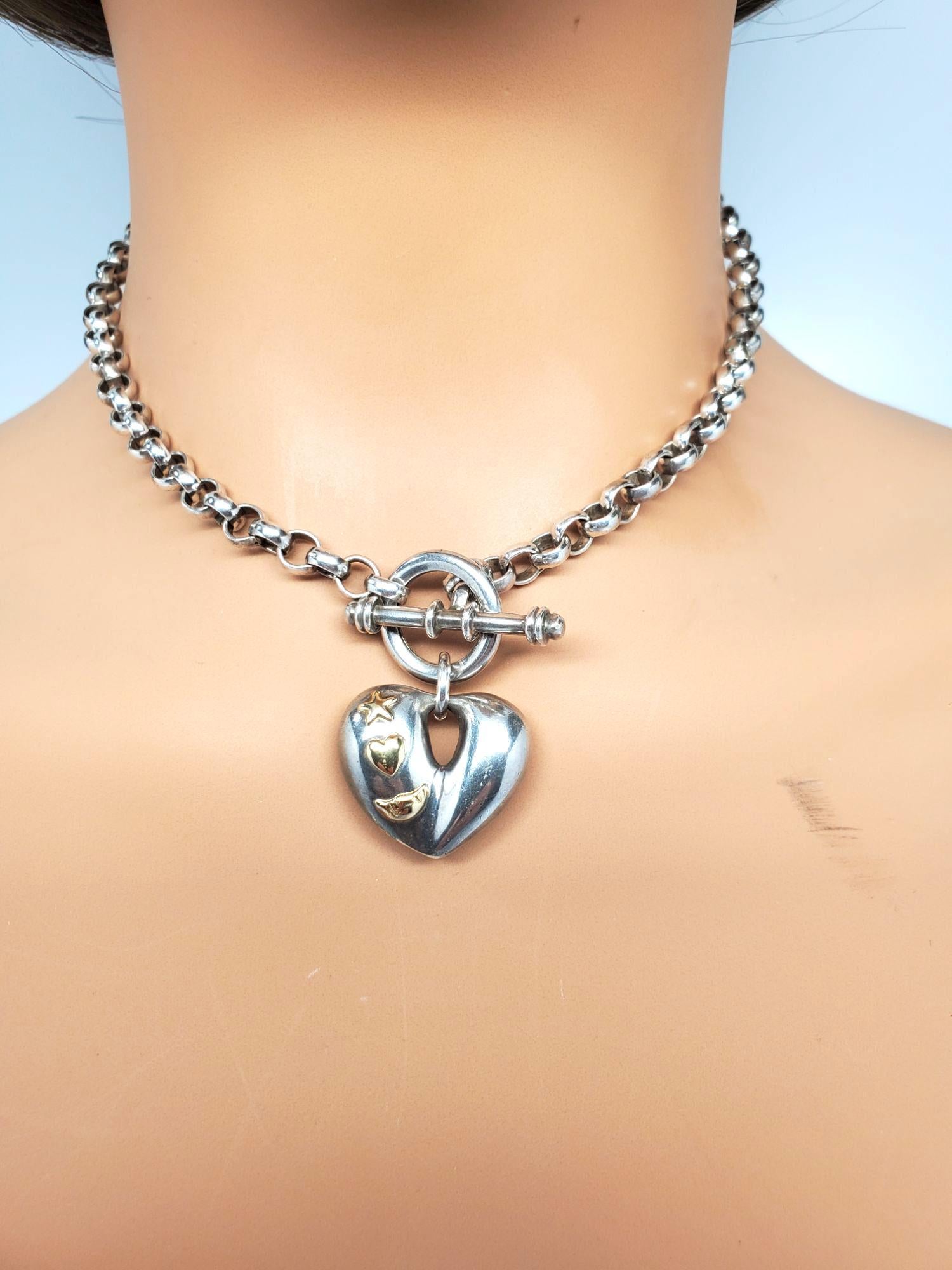 Collana con ciondolo a forma di cuore gonfio in argento sterling e oro giallo 18 carati #21332 in vendita 3
