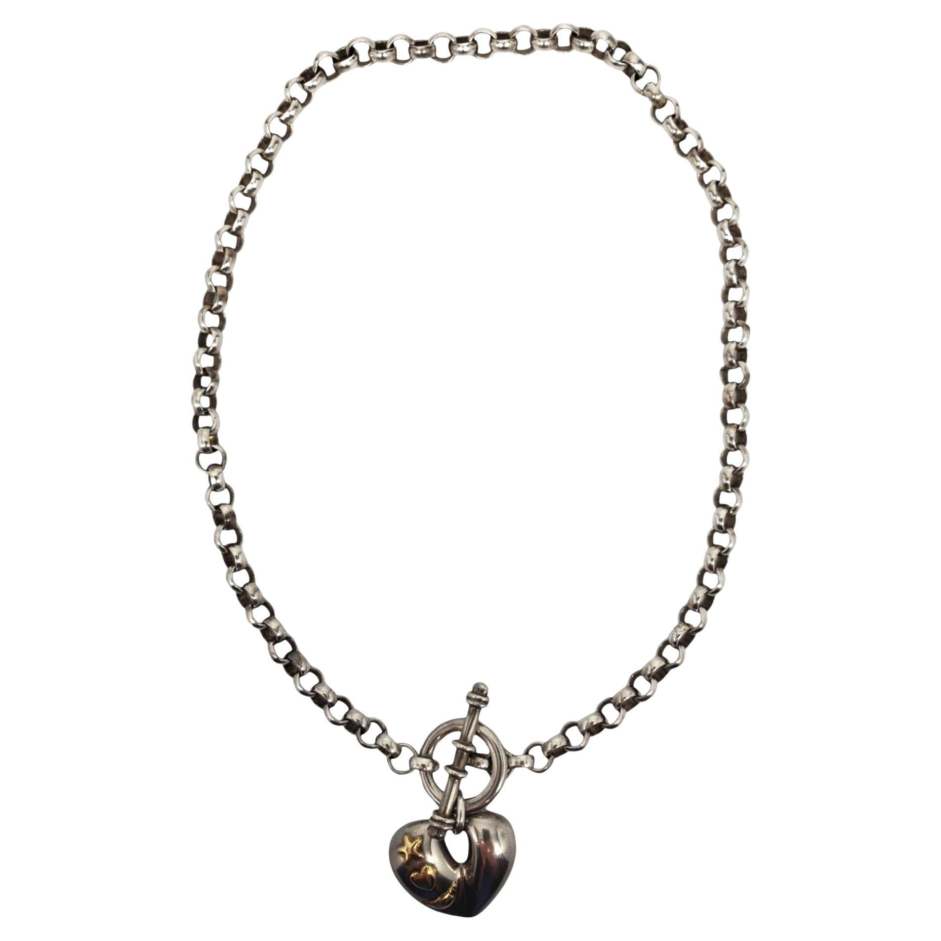 Sterling Silver and 18K Yellow Gold Puffed Heart Pendant Toggle Necklace #21332