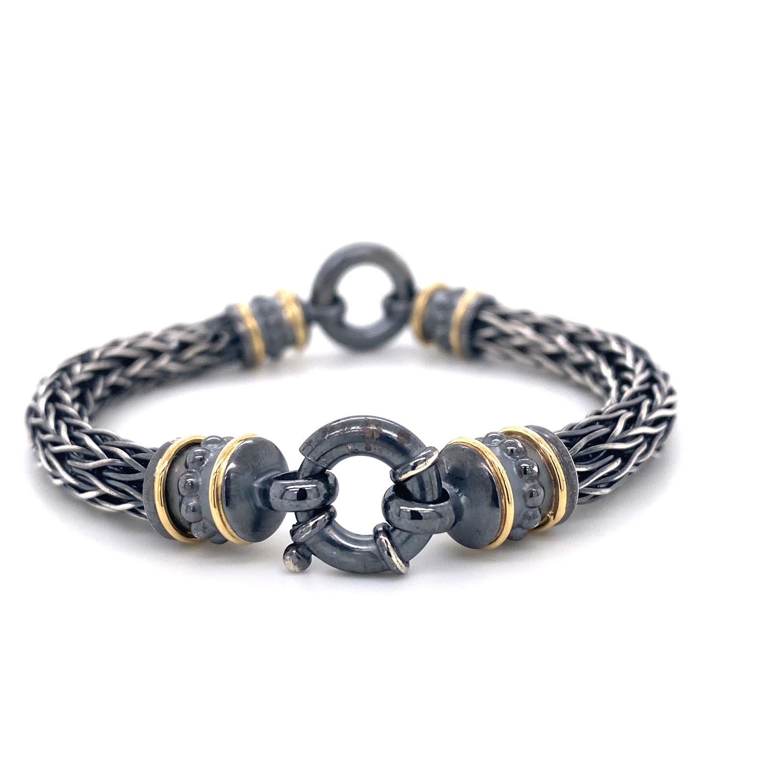 Contemporary Sterling Silver and 18 Karat Yellow Gold Roman Chain Bracelet For Sale