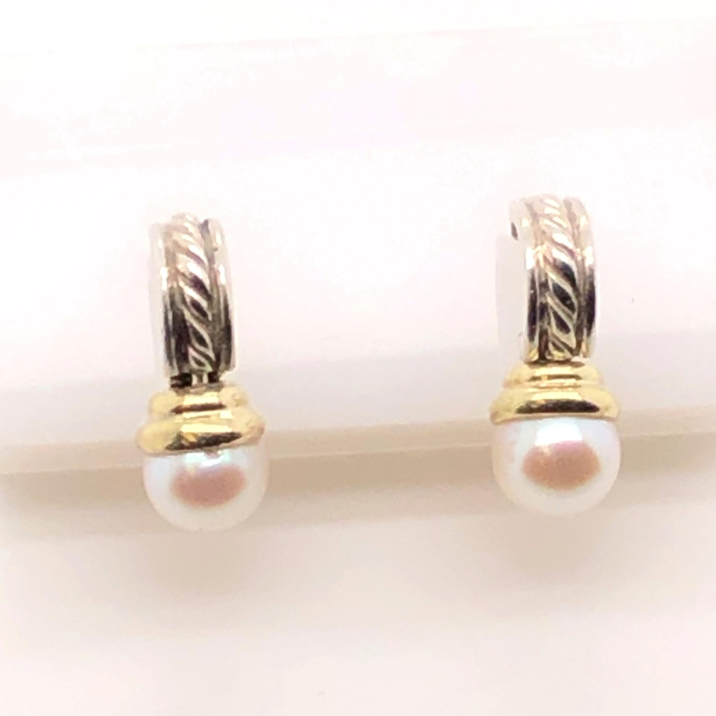 Sterling Silver and 18 Karat Yellow Gold David Yurman Pearl Drop Earrings In Good Condition In Towson, MD