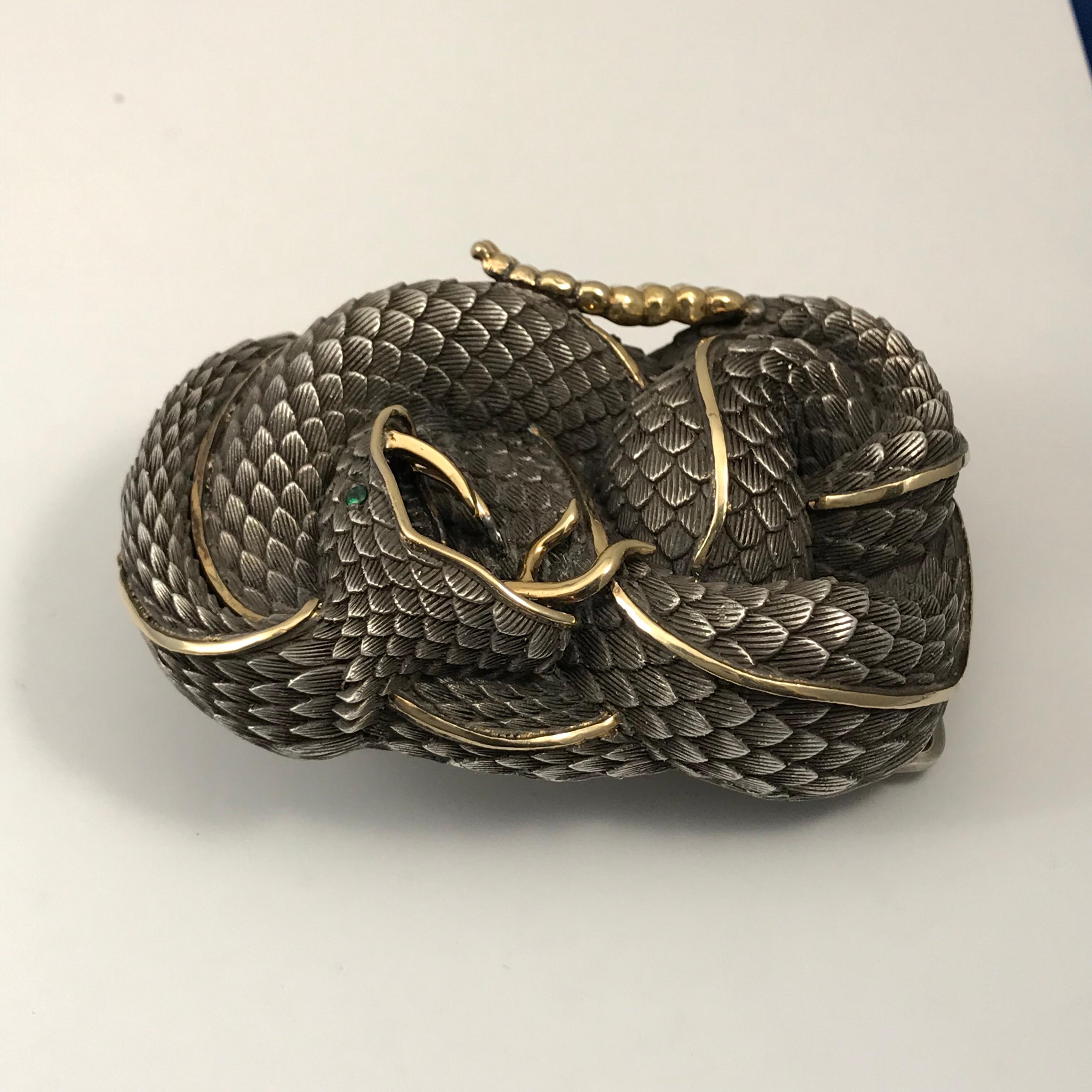 Sterling Silver and 22 Karat Gold Snake Style Belt Buckle with Tsavorite Eye For Sale 4