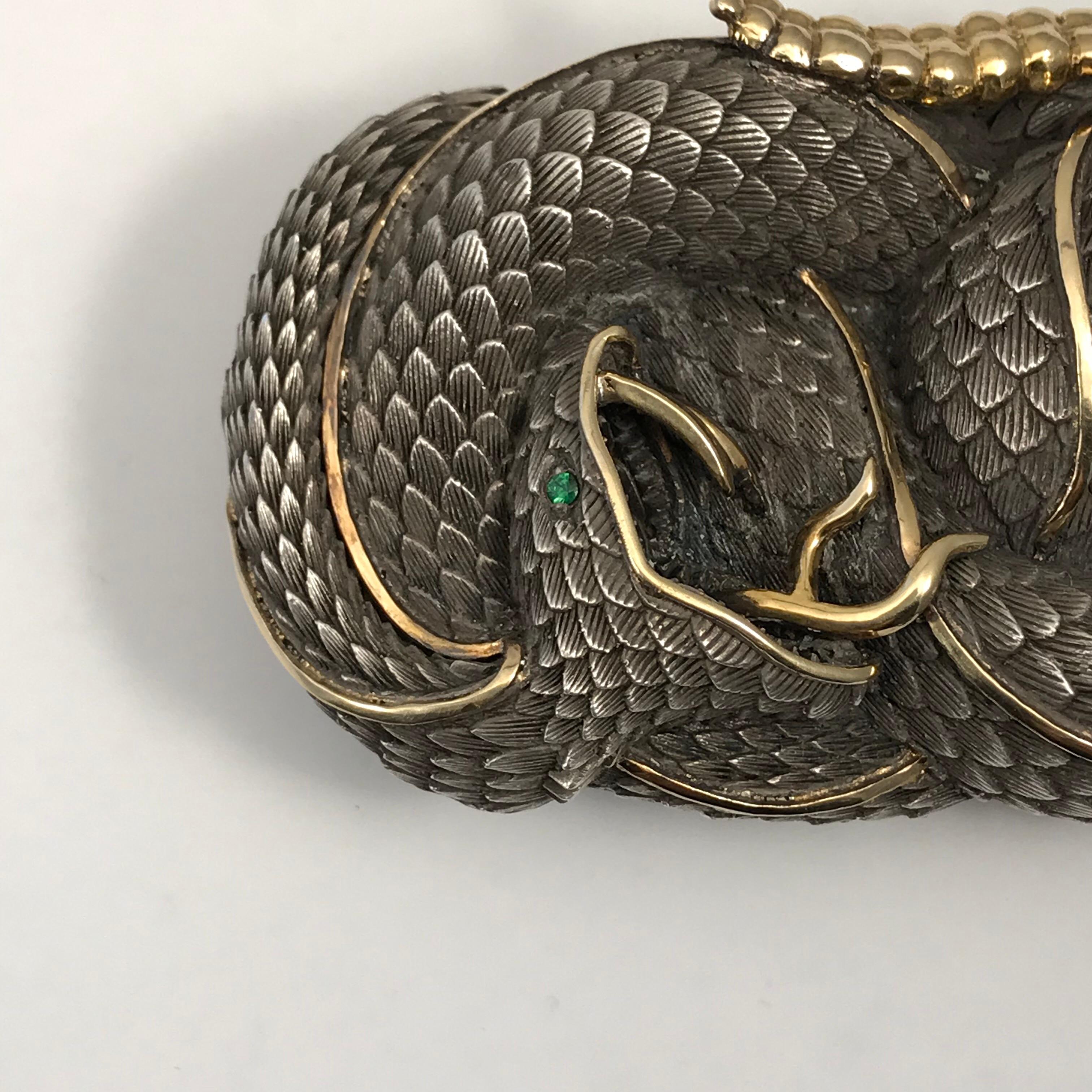 Sterling Silver and 22 Karat Gold Snake Style Belt Buckle with Tsavorite Eye For Sale 5