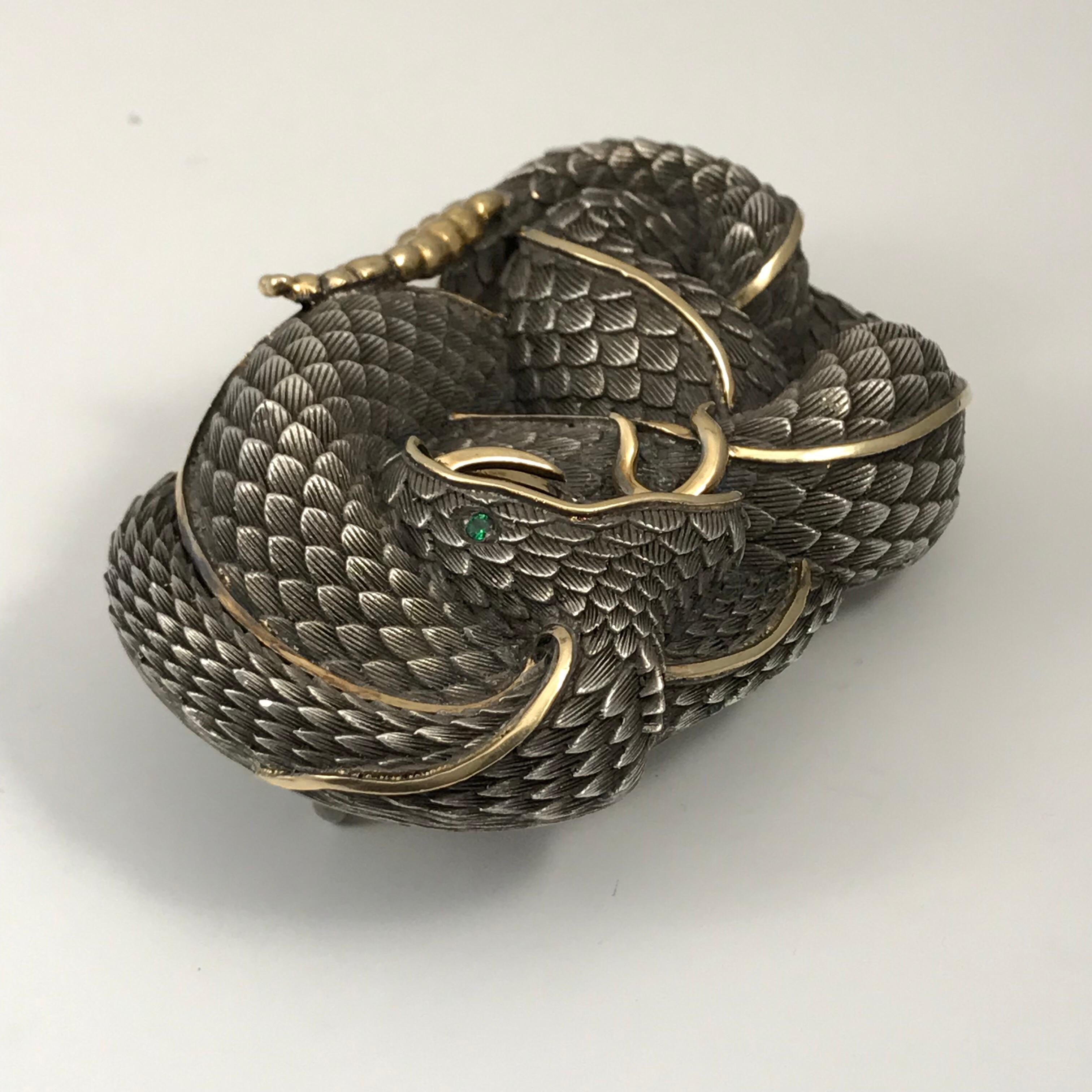 Sterling Silver and 22 Karat Gold Snake Style Belt Buckle with Tsavorite Eye For Sale 7