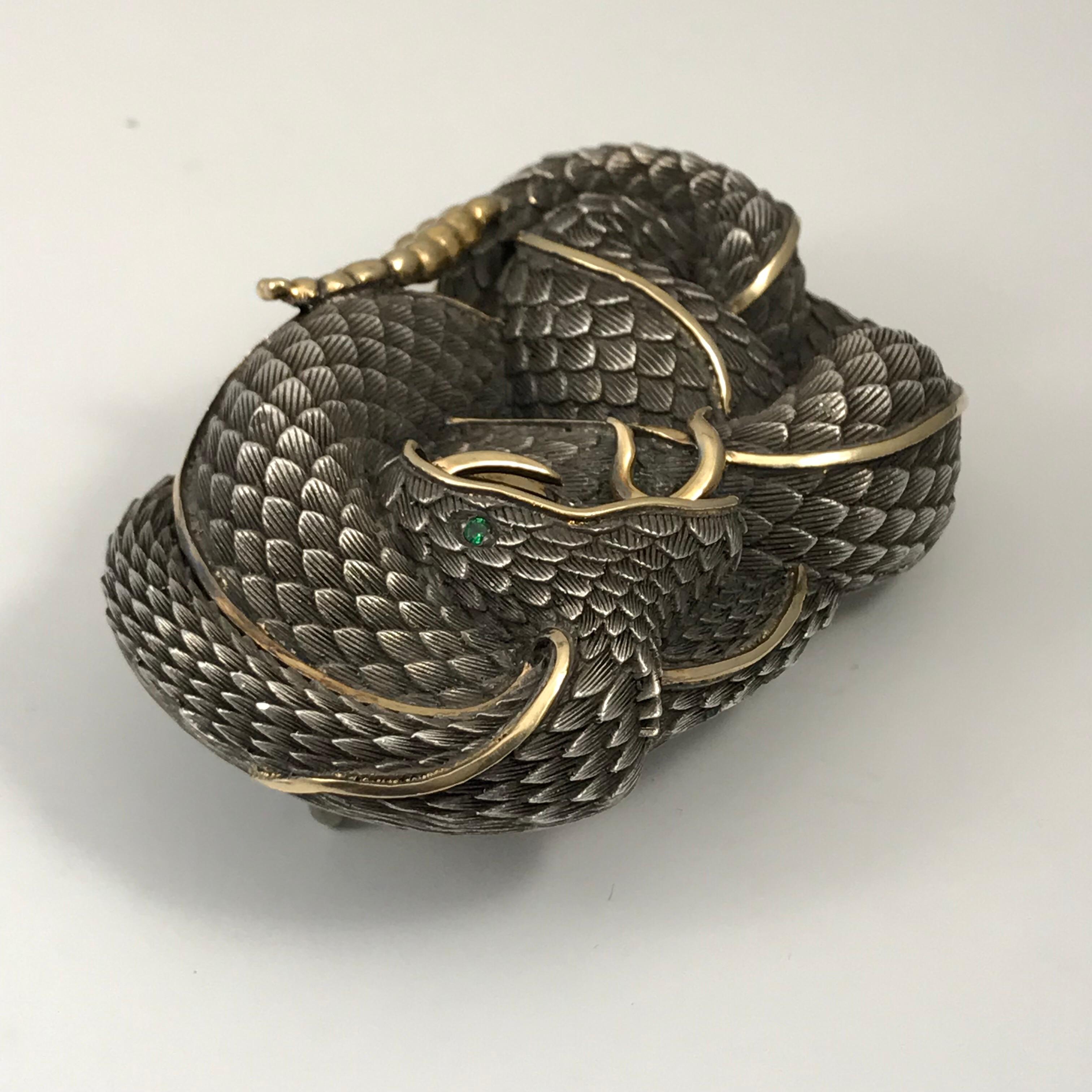 Sterling Silver and 22 Karat Gold Snake Style Belt Buckle with Tsavorite Eye For Sale 8