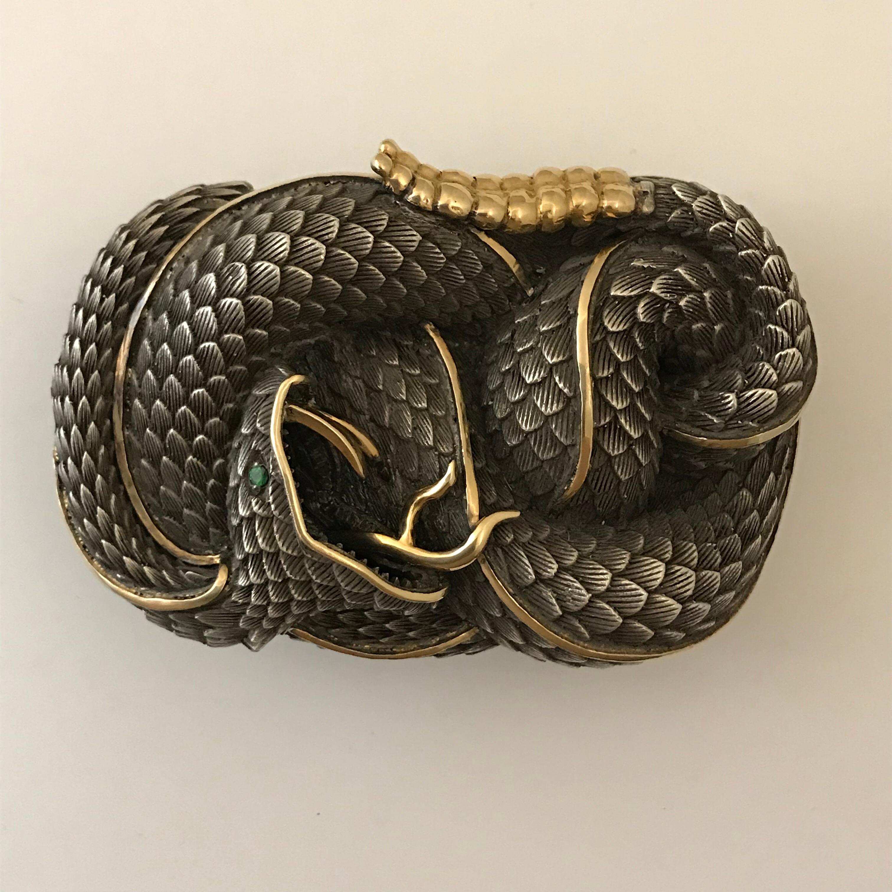 Round Cut Sterling Silver and 22 Karat Gold Snake Style Belt Buckle with Tsavorite Eye For Sale
