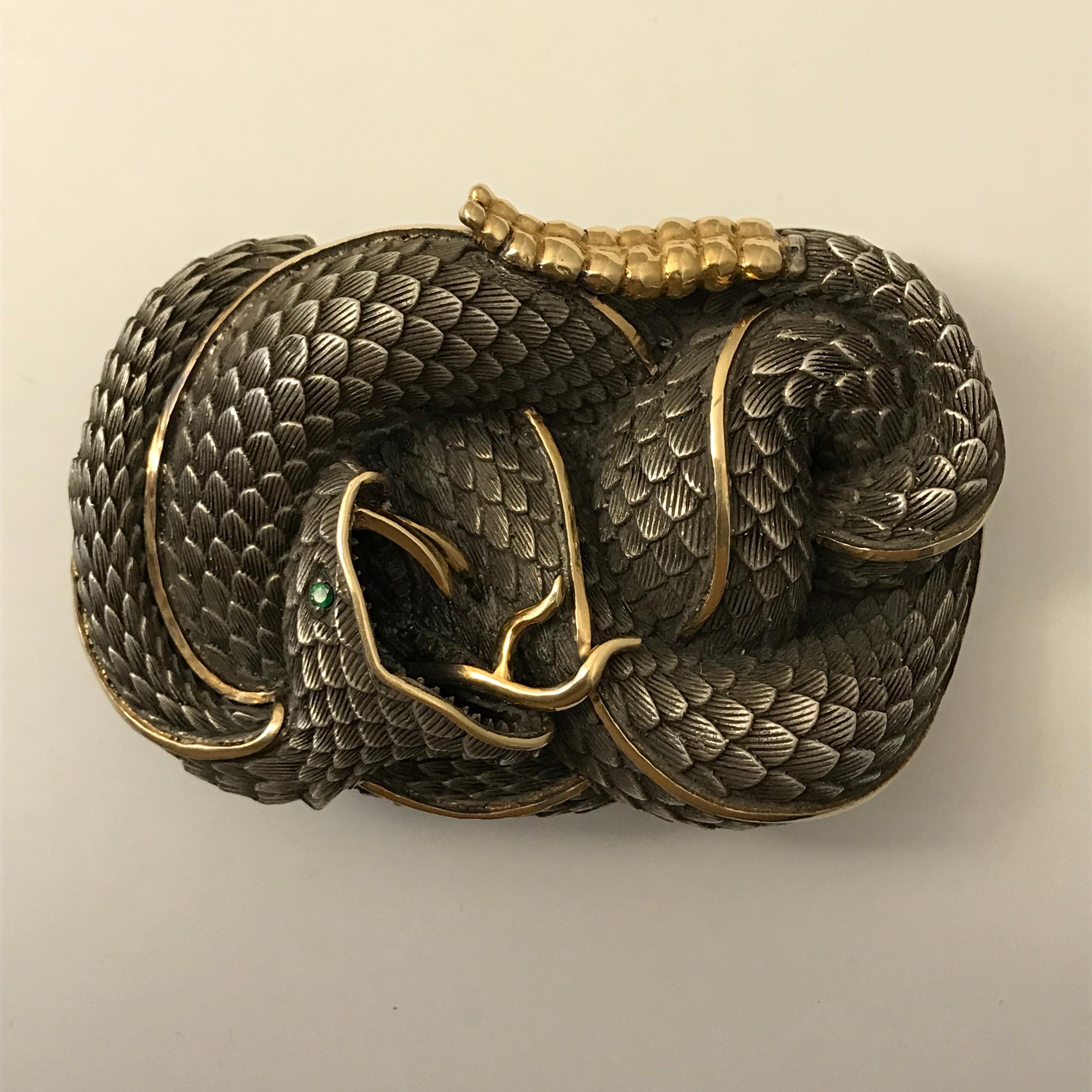 Sterling Silver and 22 Karat Gold Snake Style Belt Buckle with Tsavorite Eye In New Condition For Sale In Austin, TX