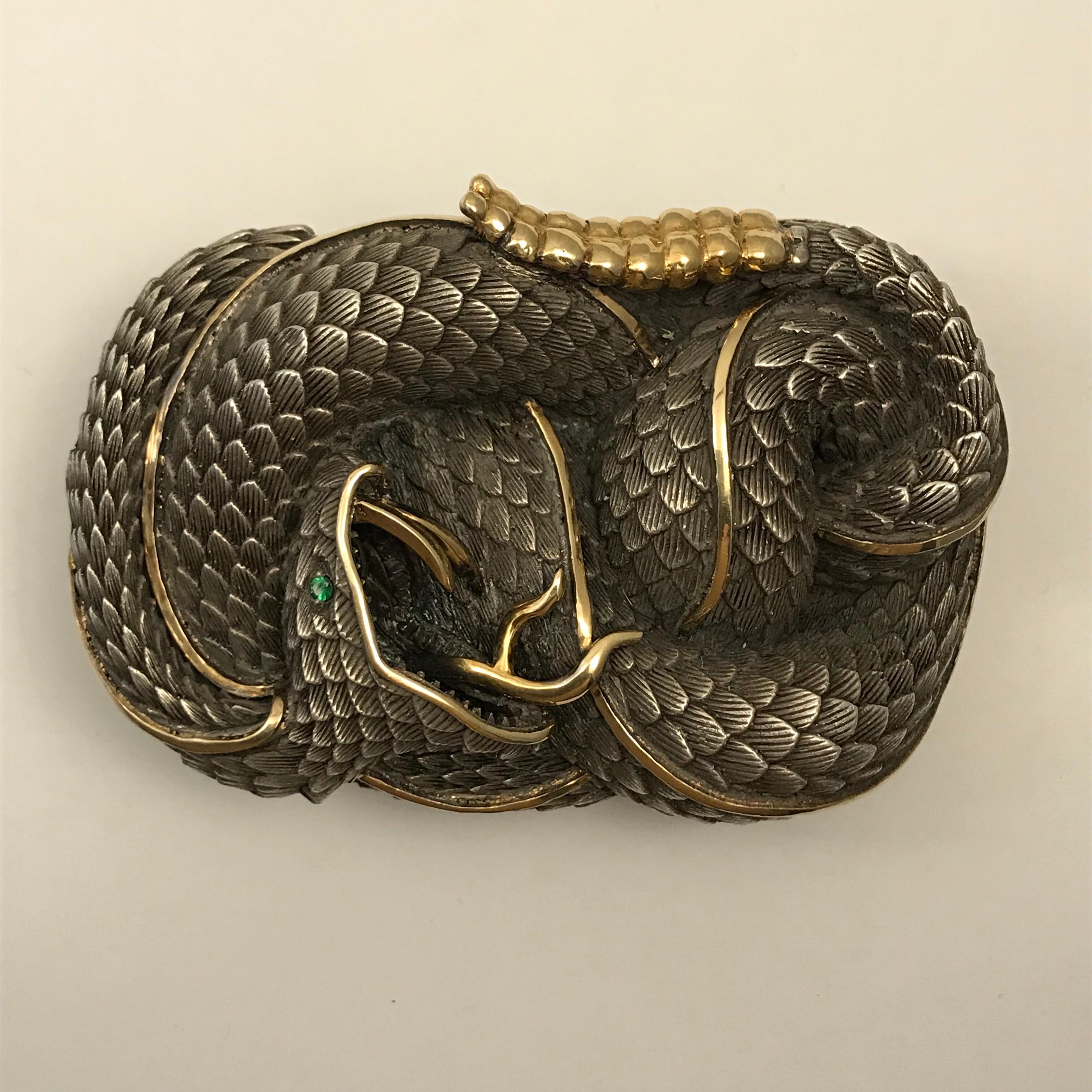 Women's or Men's Sterling Silver and 22 Karat Gold Snake Style Belt Buckle with Tsavorite Eye For Sale