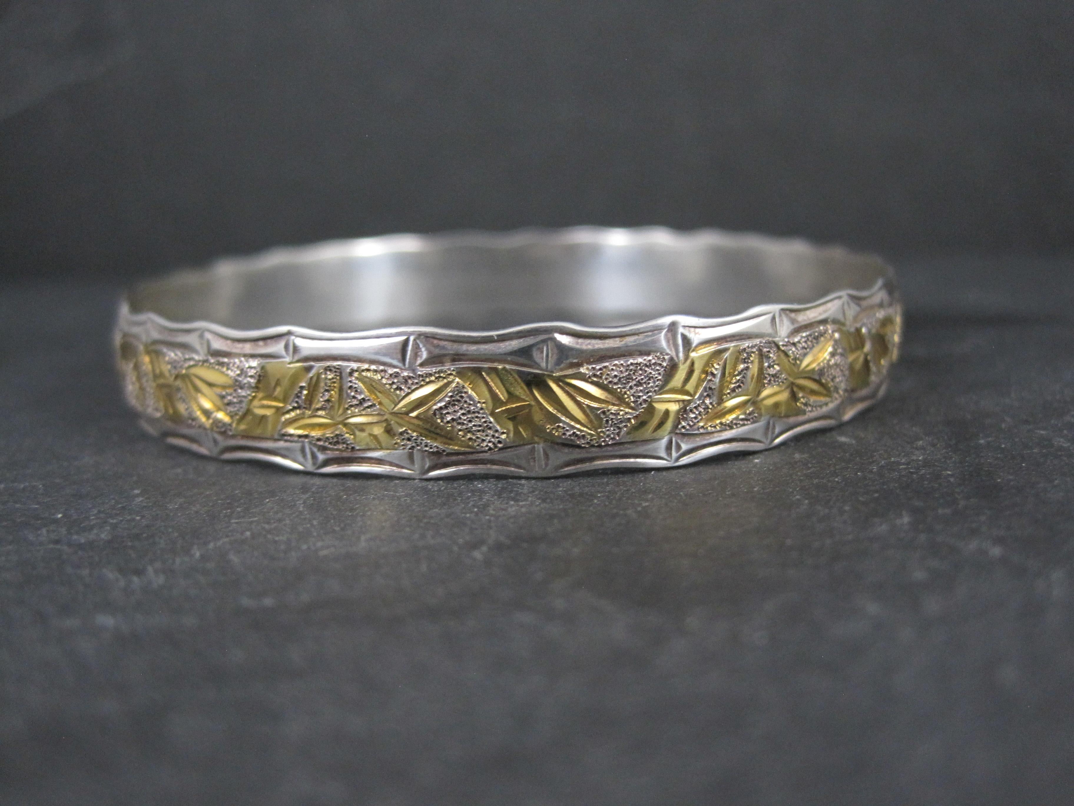 Women's Sterling Silver and 8K Bamboo Bangle Bracelet 7.5 Inches For Sale