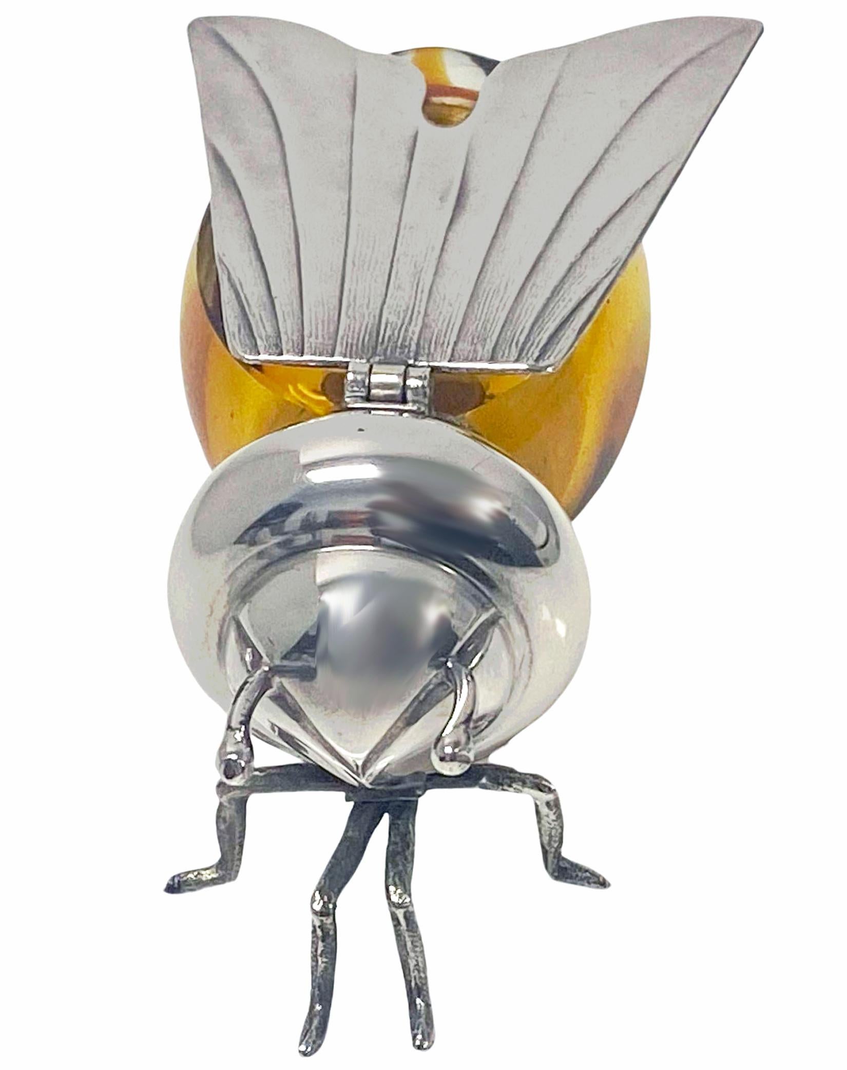 Sterling Silver and amber glass figural Bee Honey Pot Camusso Peru C.1930. In Good Condition In Toronto, ON