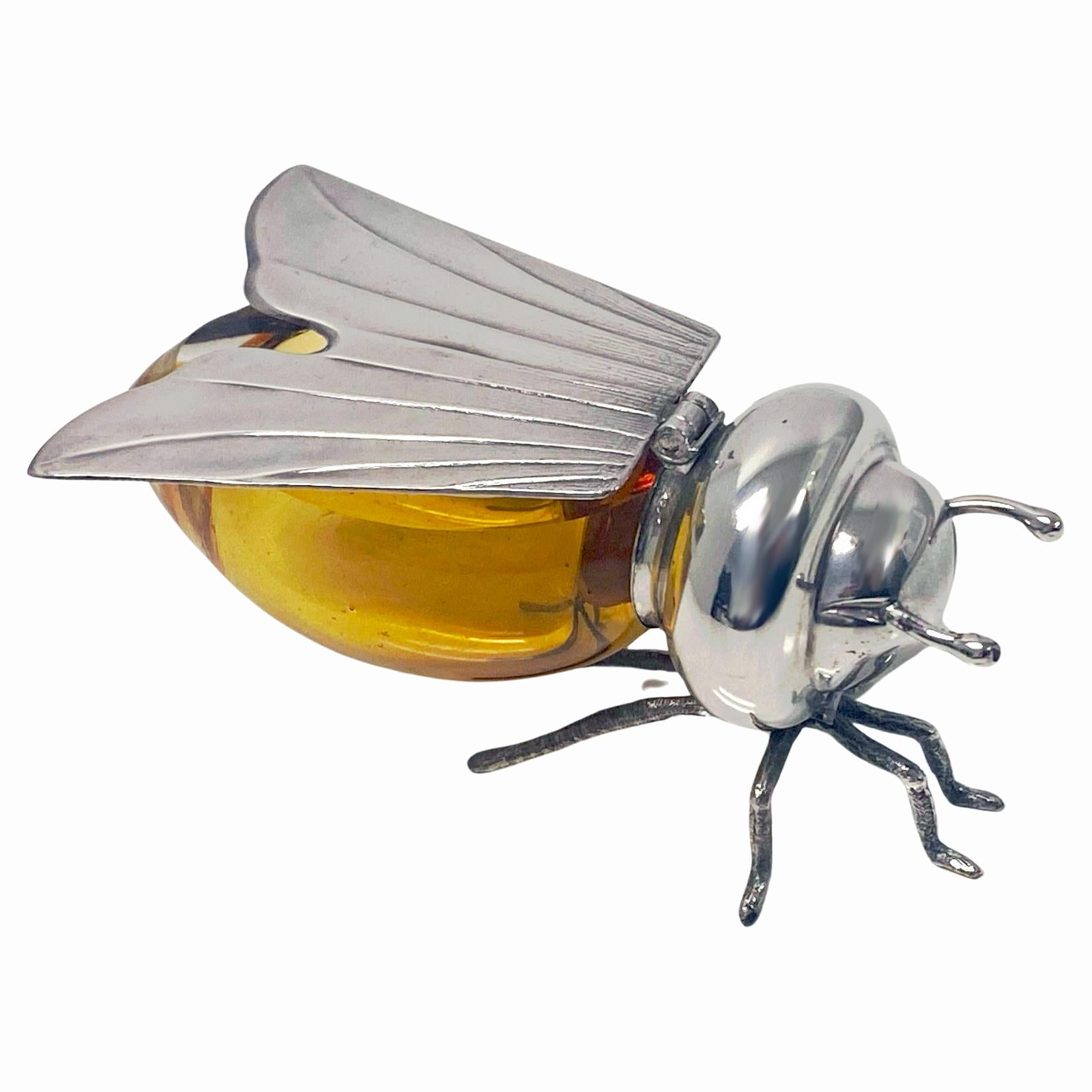 Sterling Silver and amber glass figural Bee Honey Pot Camusso Peru C.1930. 4