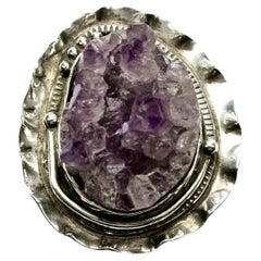 Sterling Silver and Amethyst Druzy Statement Ring with Ornate Silver Detail