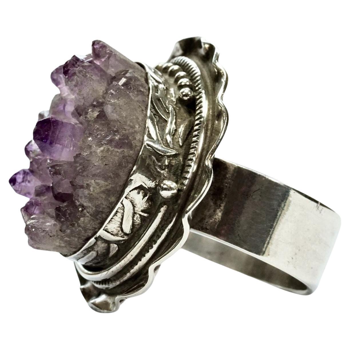 Sterling Silver and Amethyst Druzy Statement Ring with Ornate Silver Detail