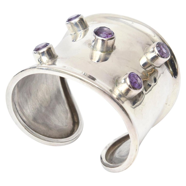 Sterling Silver and Amethyst Modern Cuff Bracelet Hallmarked For Sale