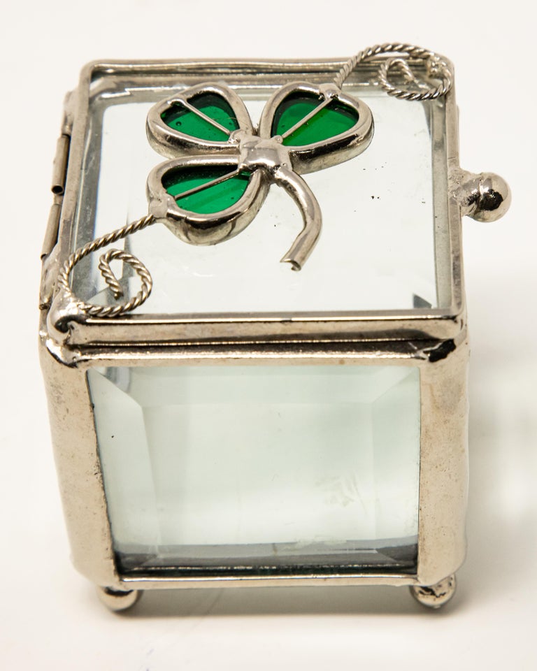 Sterling Silver and Beveled Glass Trinket Box with Clover For Sale at