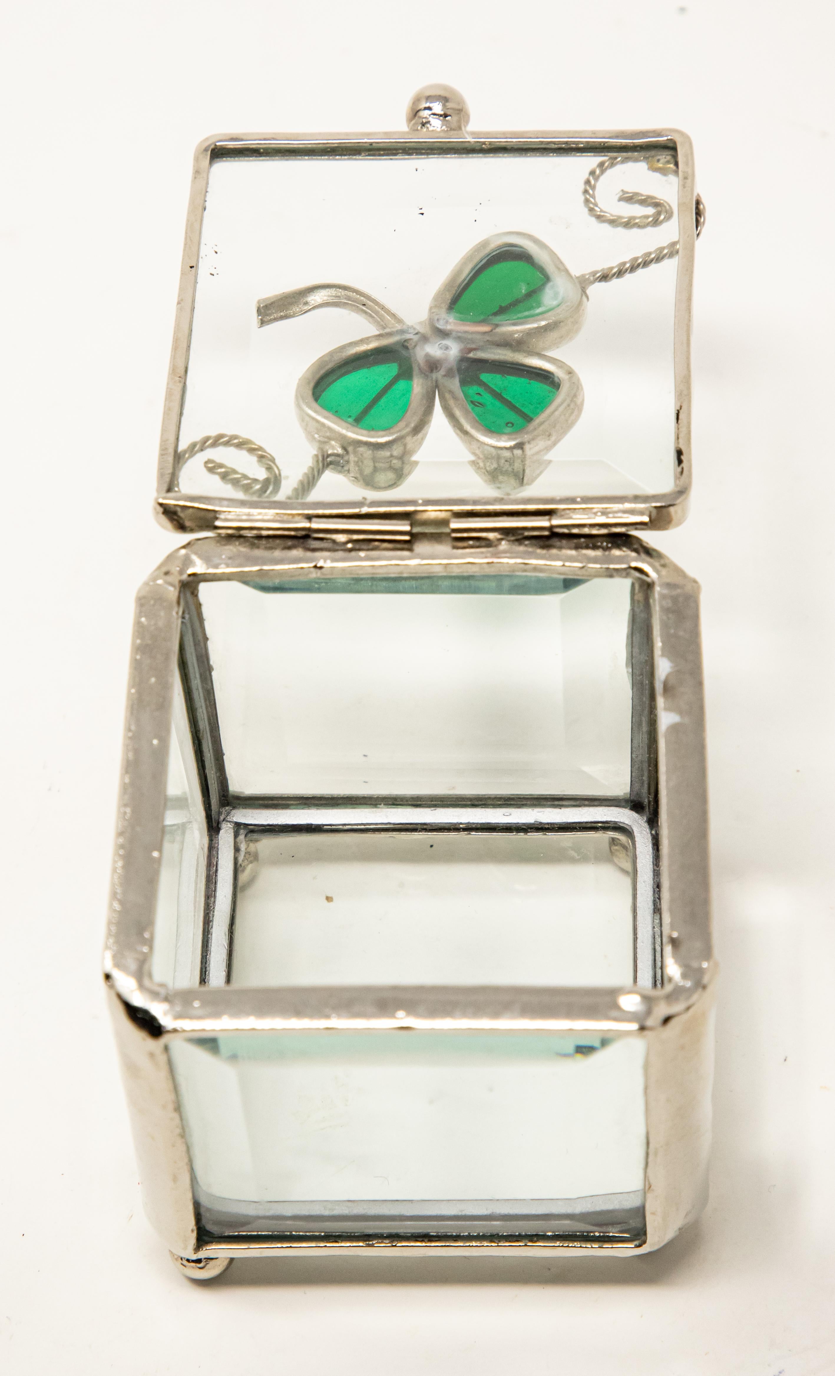 Arts and Crafts Sterling Silver and Beveled Glass Trinket Box with Clover For Sale